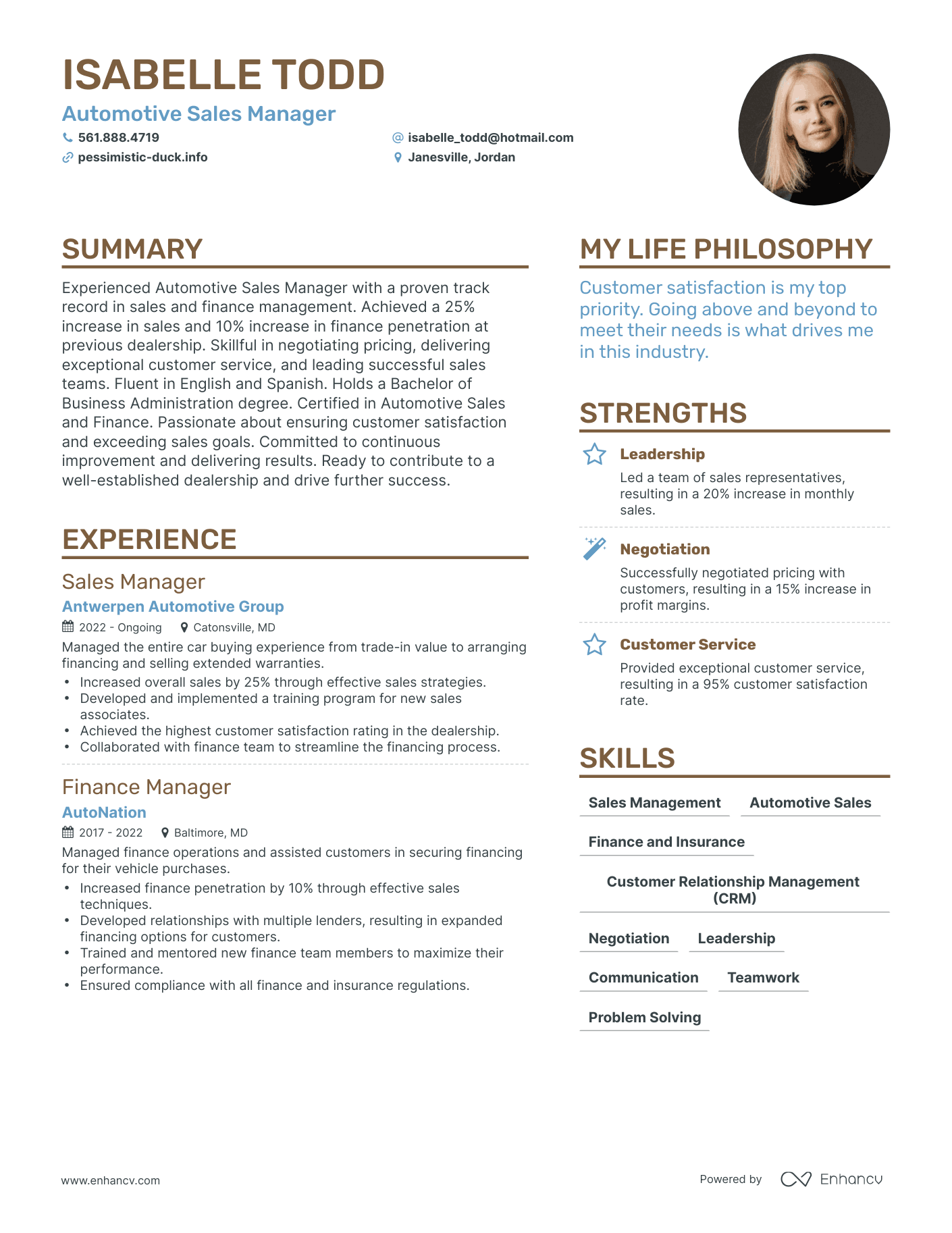 Modern Automotive Sales Manager Resume Example