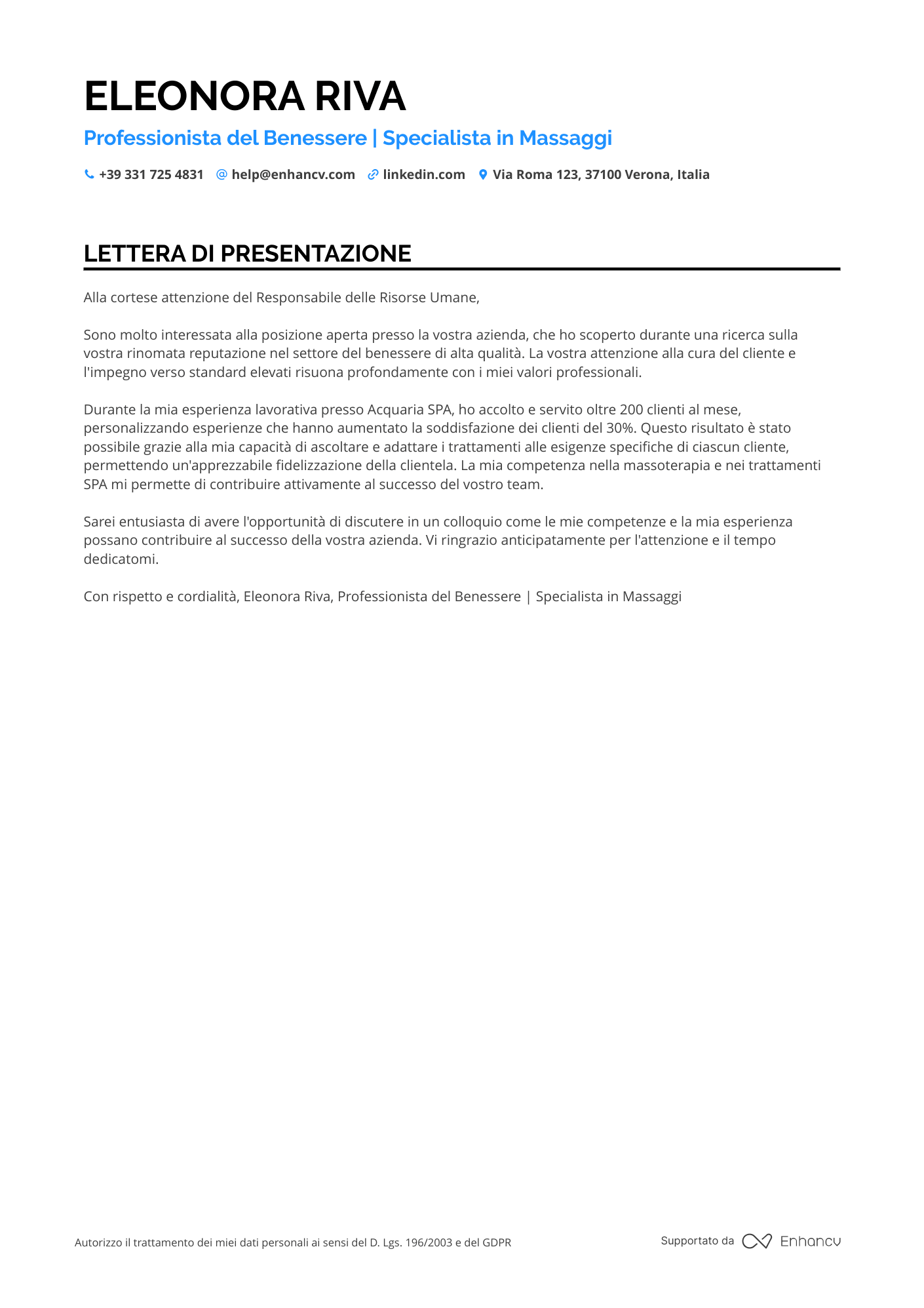 Massaggiatore Lettera di presentazione