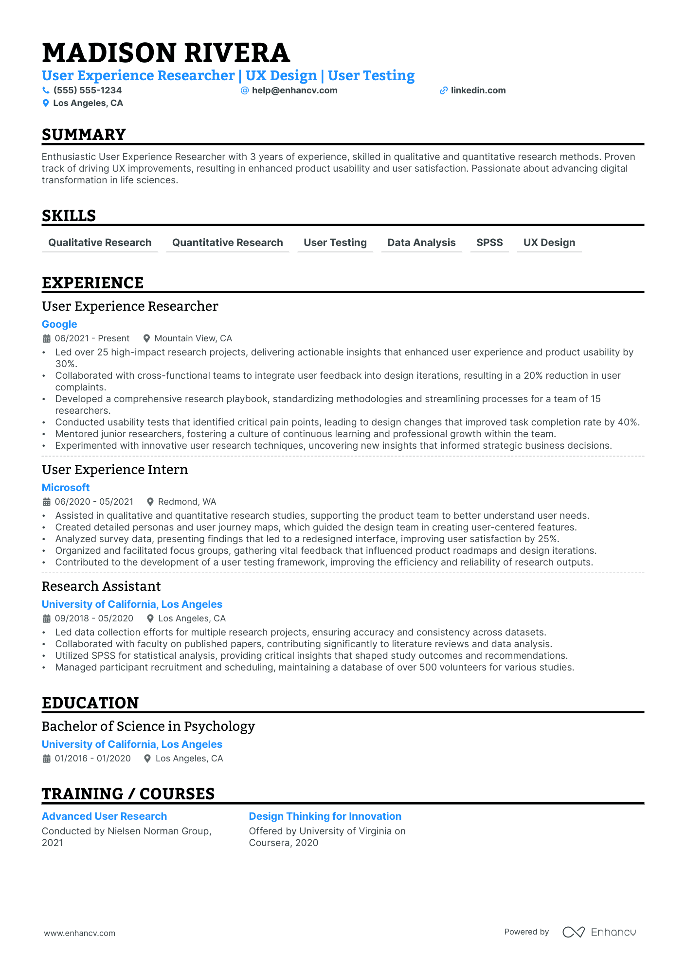 Senior UX Researcher resume example