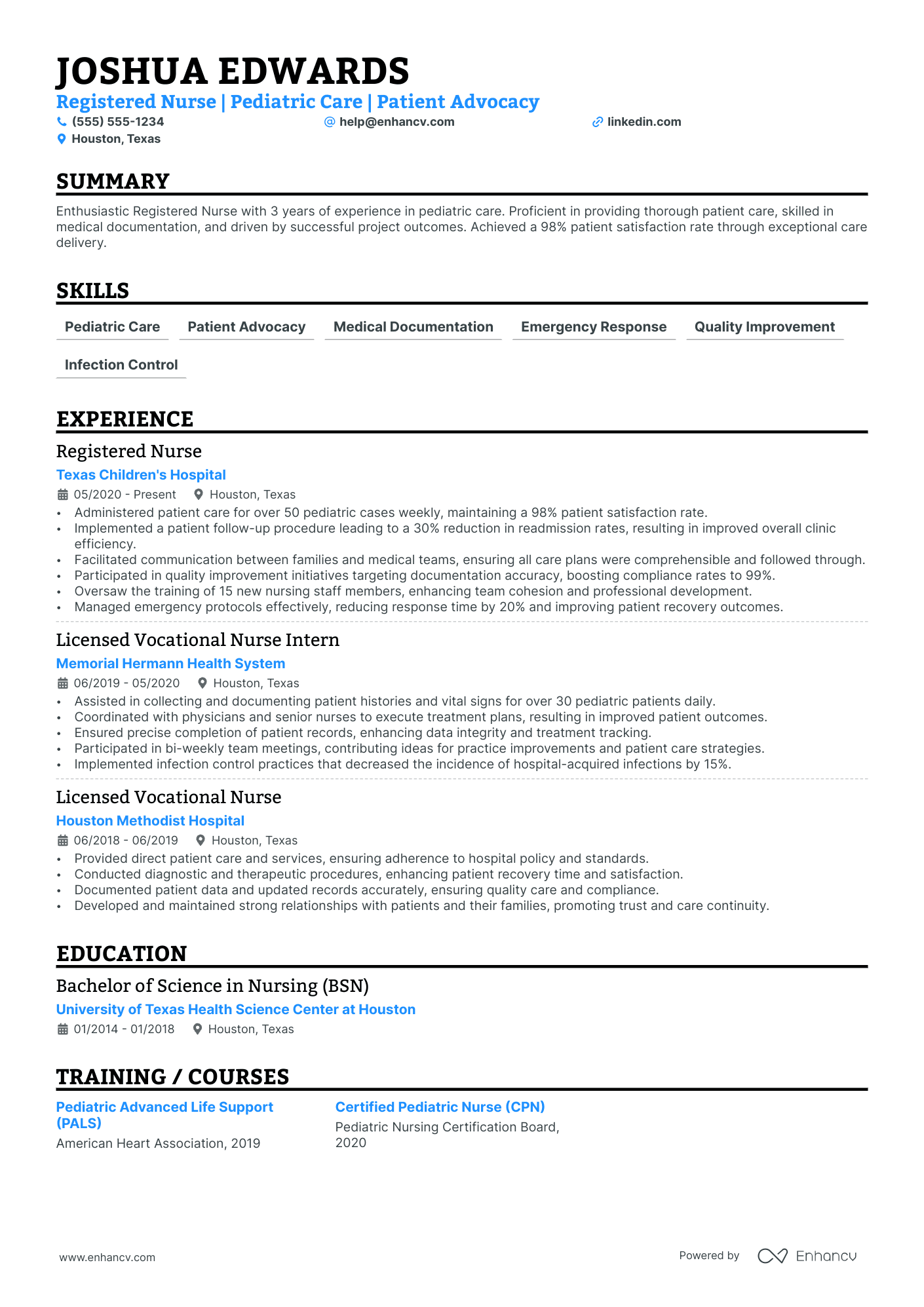 Pediatric Licensed Vocational Nurse resume example