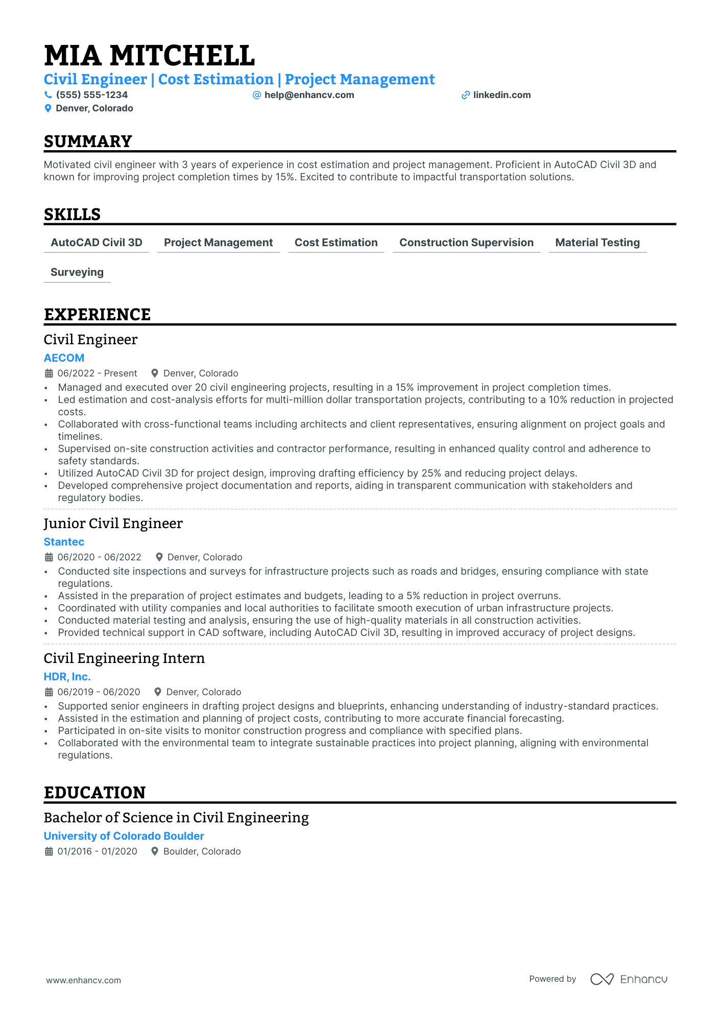 Civil Engineer Estimator resume example