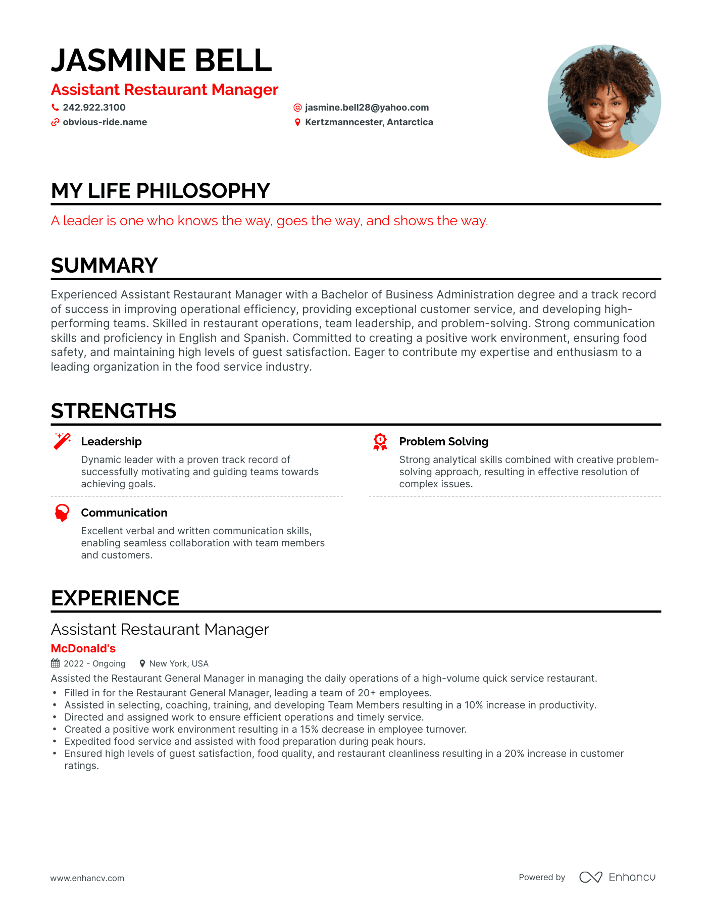 Creative Assistant Restaurant Manager Resume Example