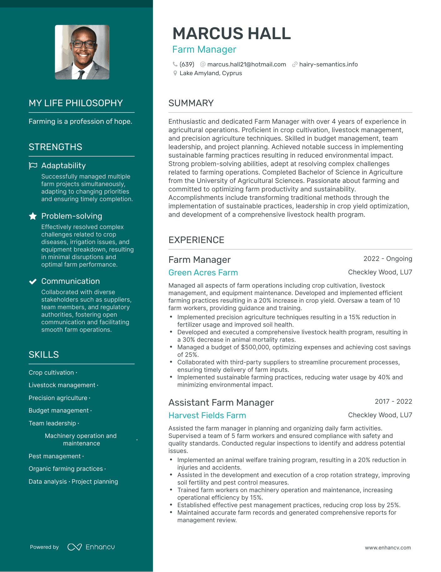 Creative Farm Manager Resume Example
