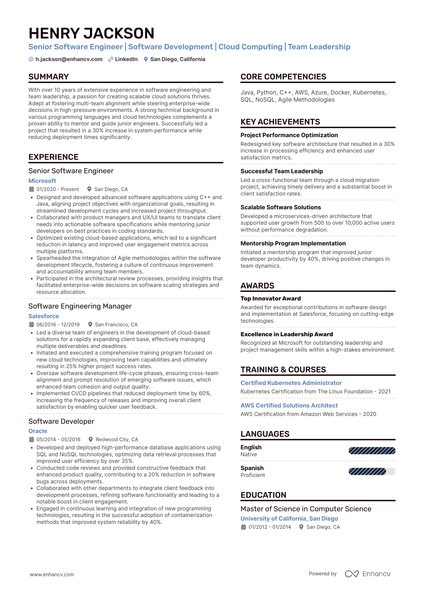 A double column ATS template giving equal space to your achievements and experience