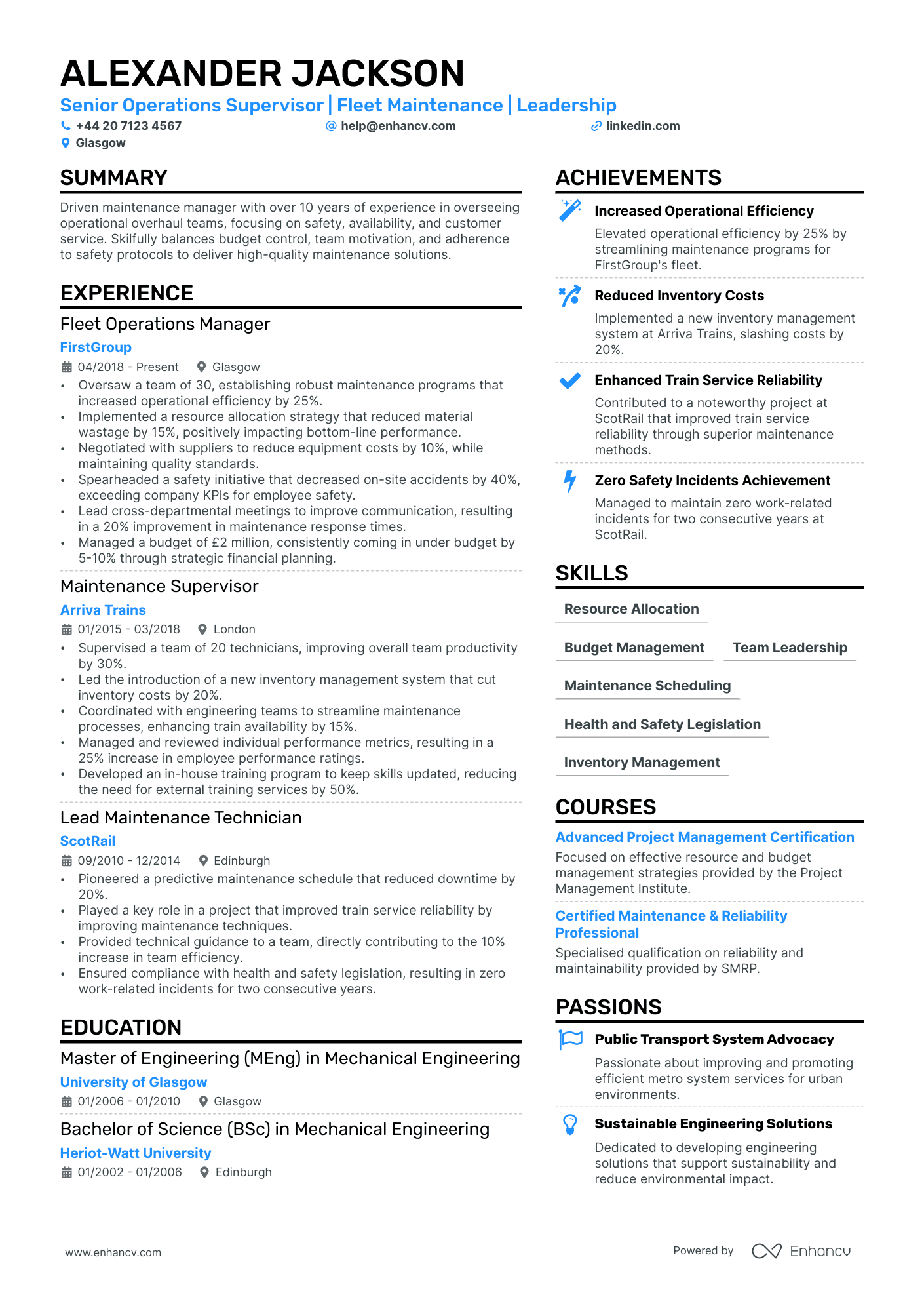 Maintenance Manager cv example