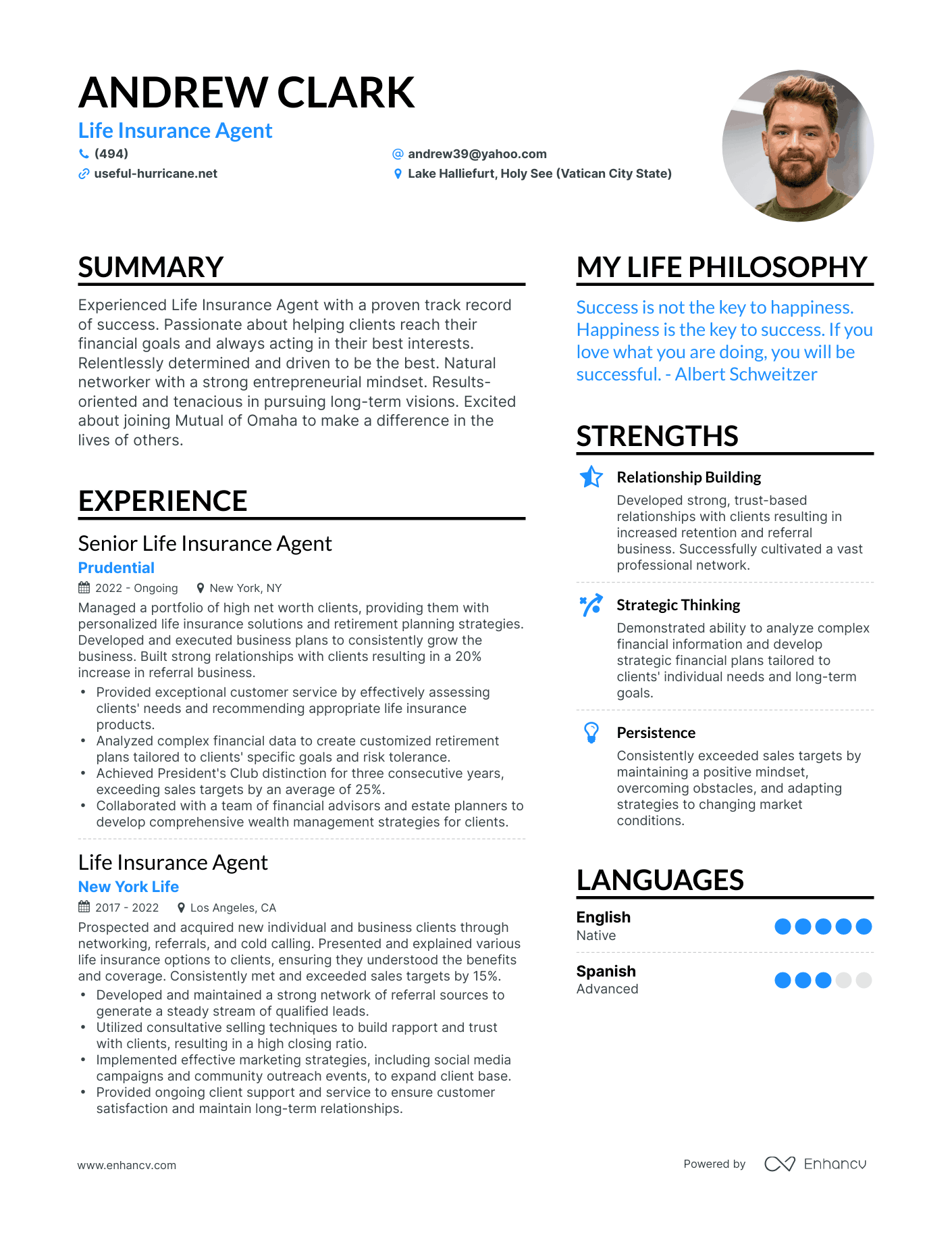 Life Insurance Agent resume example