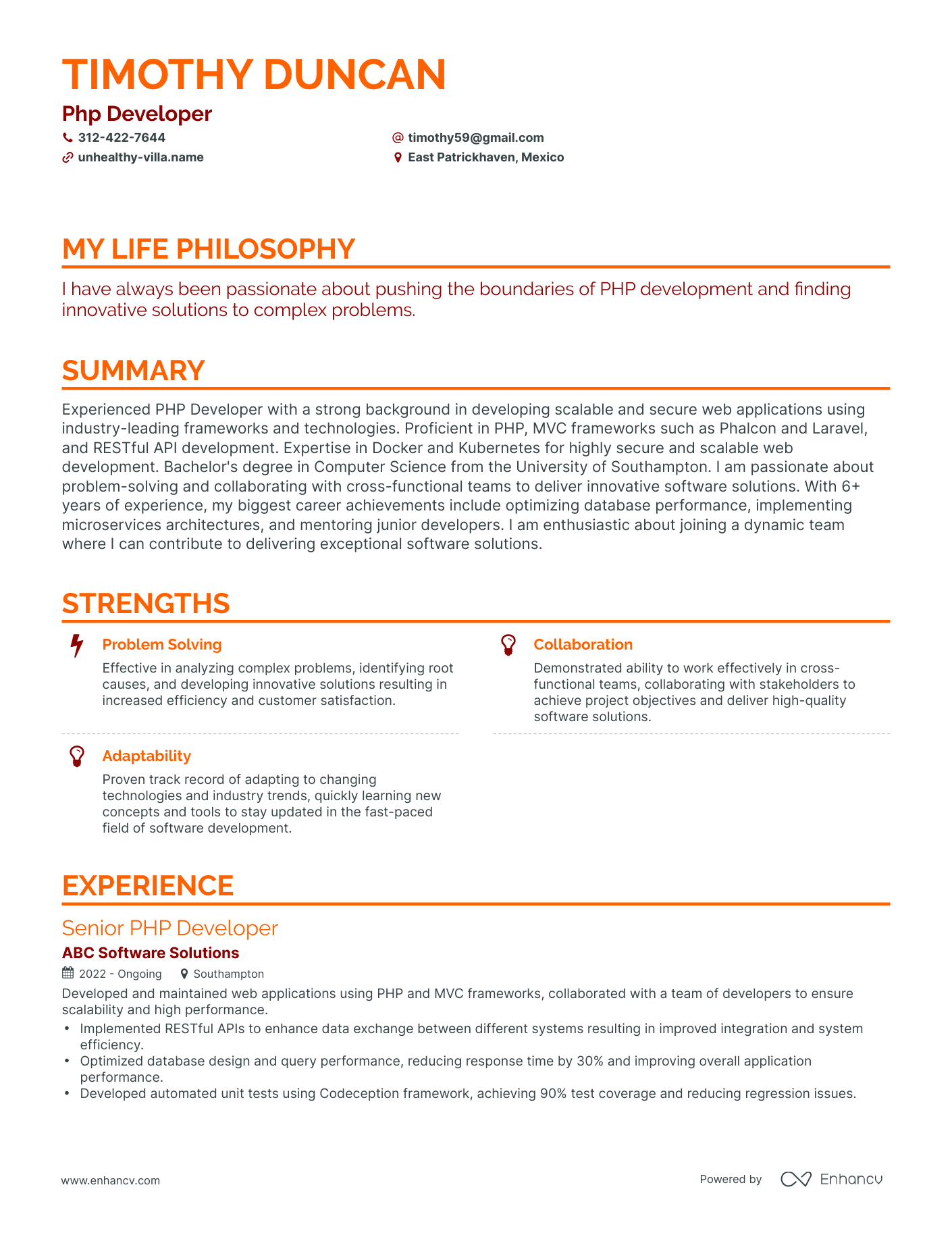 Creative Php Developer Resume Example