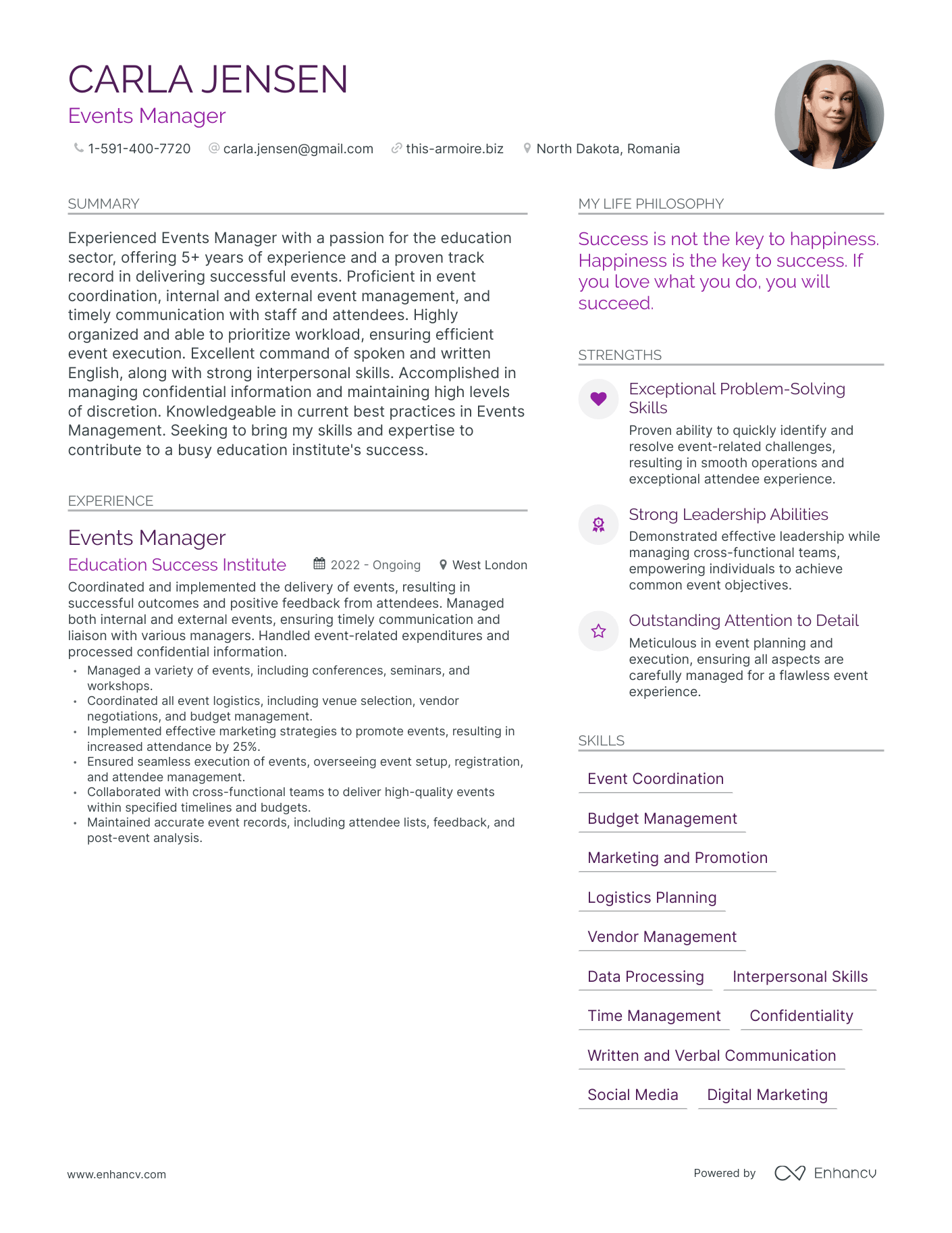 Modern Events Manager Resume Example