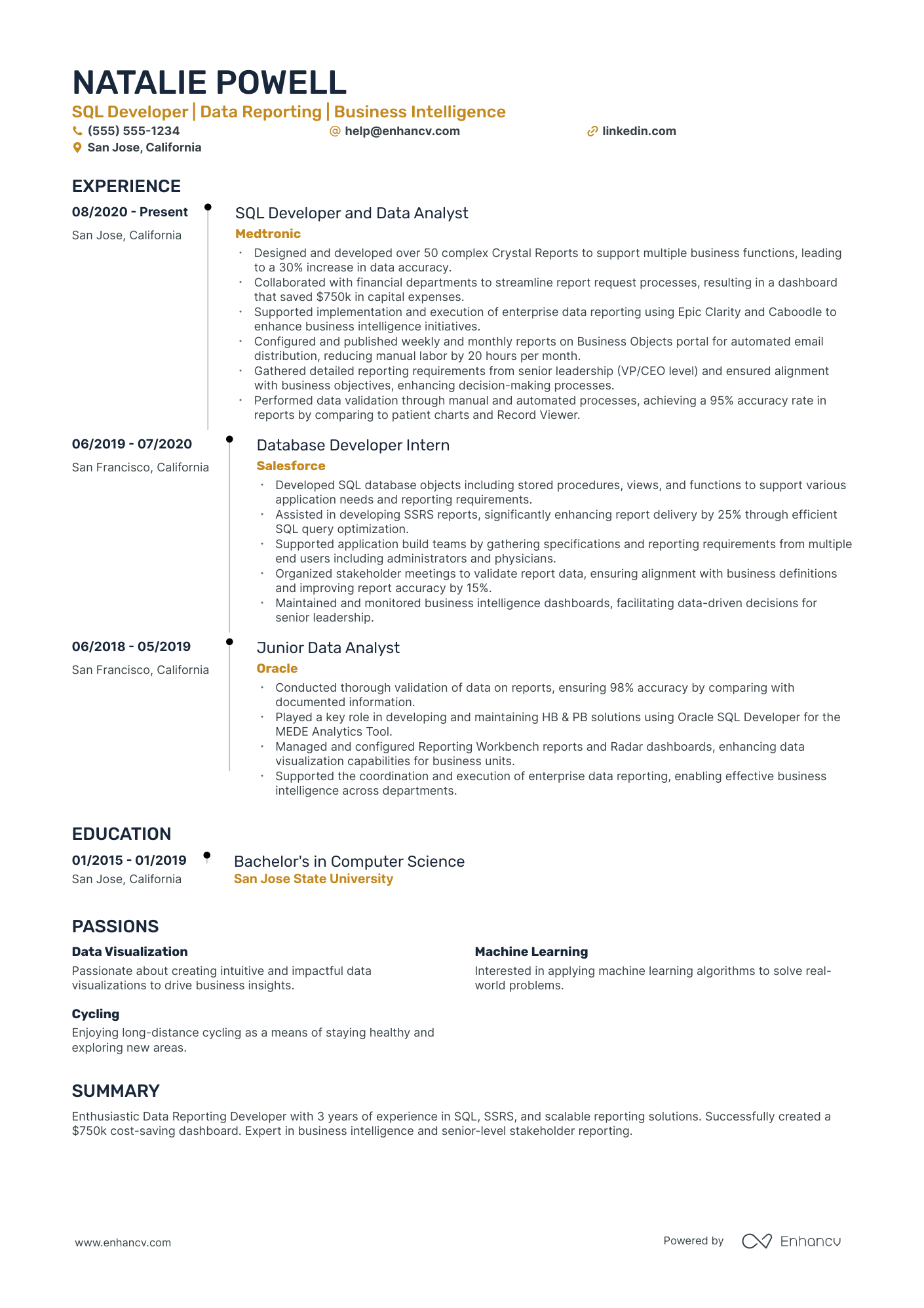 Oracle SQL Developer resume example