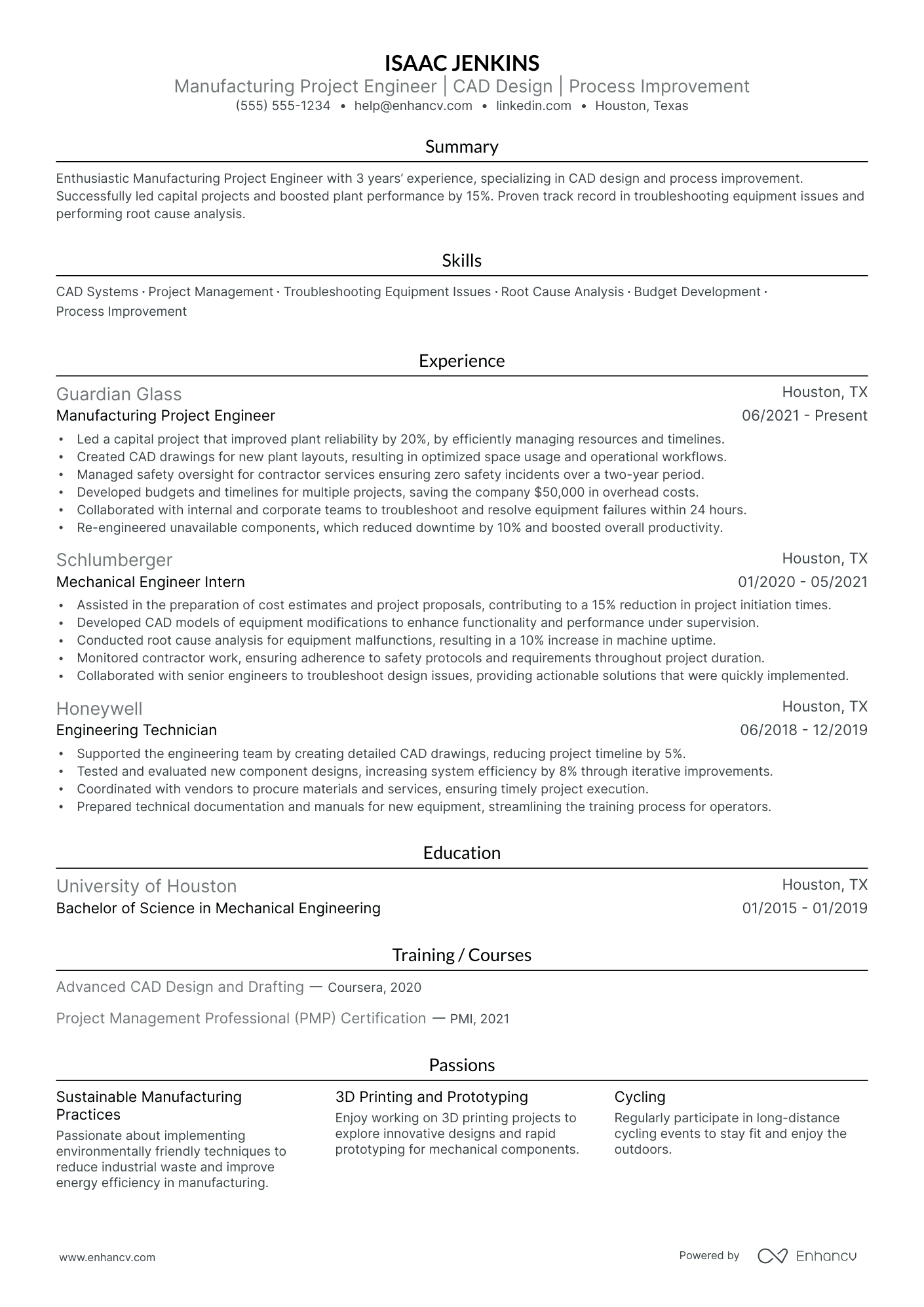 Manufacturing Project Engineer resume example