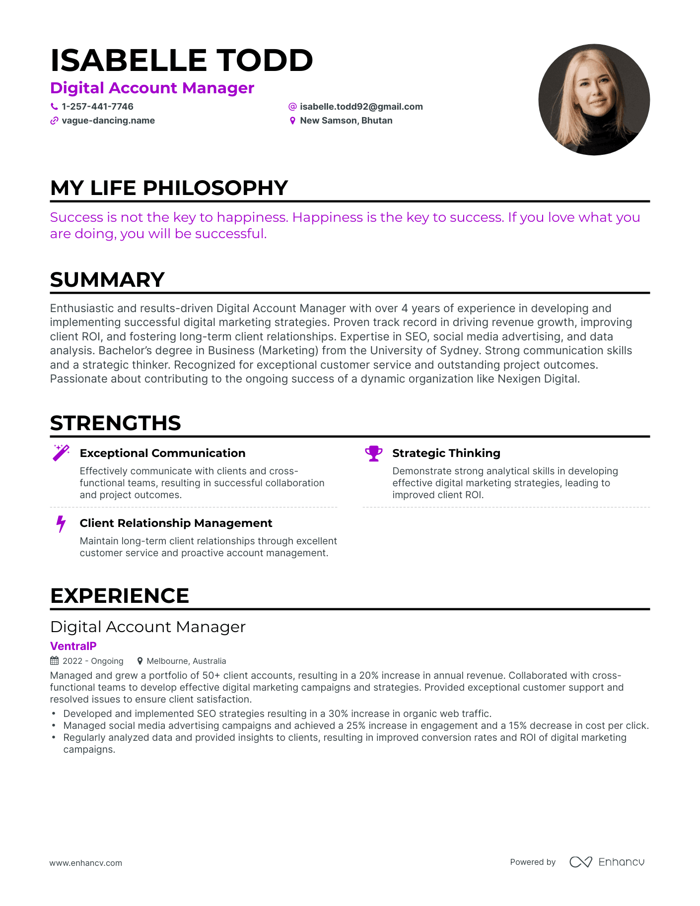 Creative Digital Account Manager Resume Example