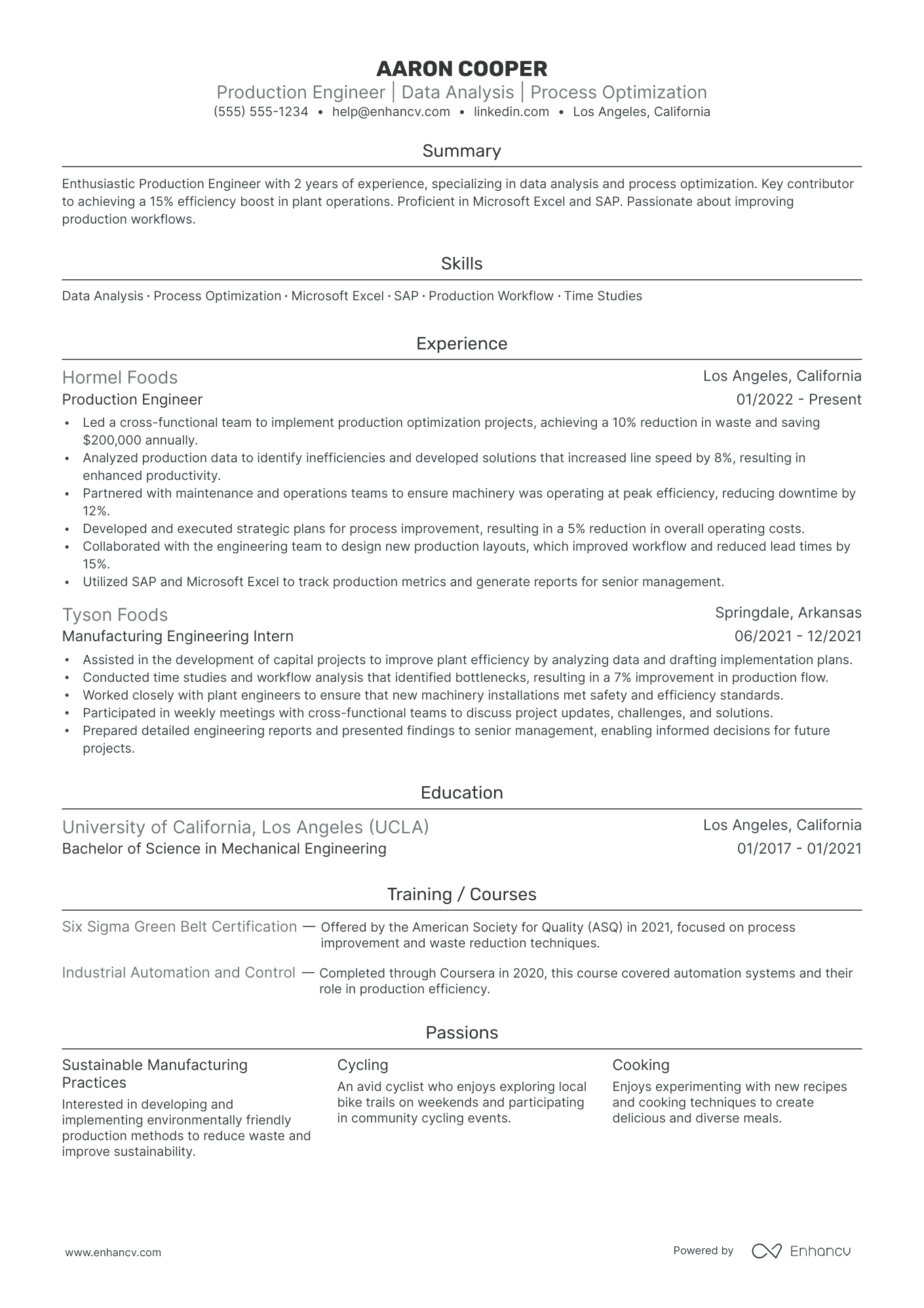 Production Engineer resume example