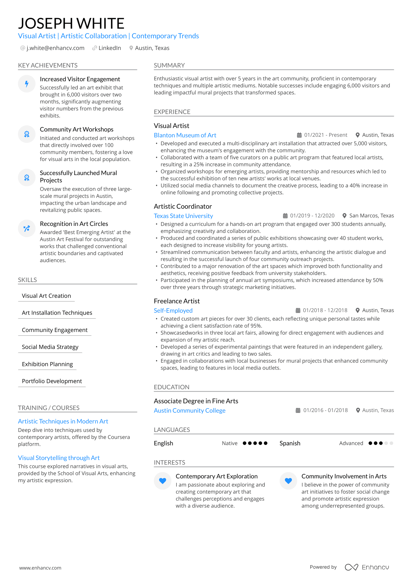 An artist resume template with blue accent colors.