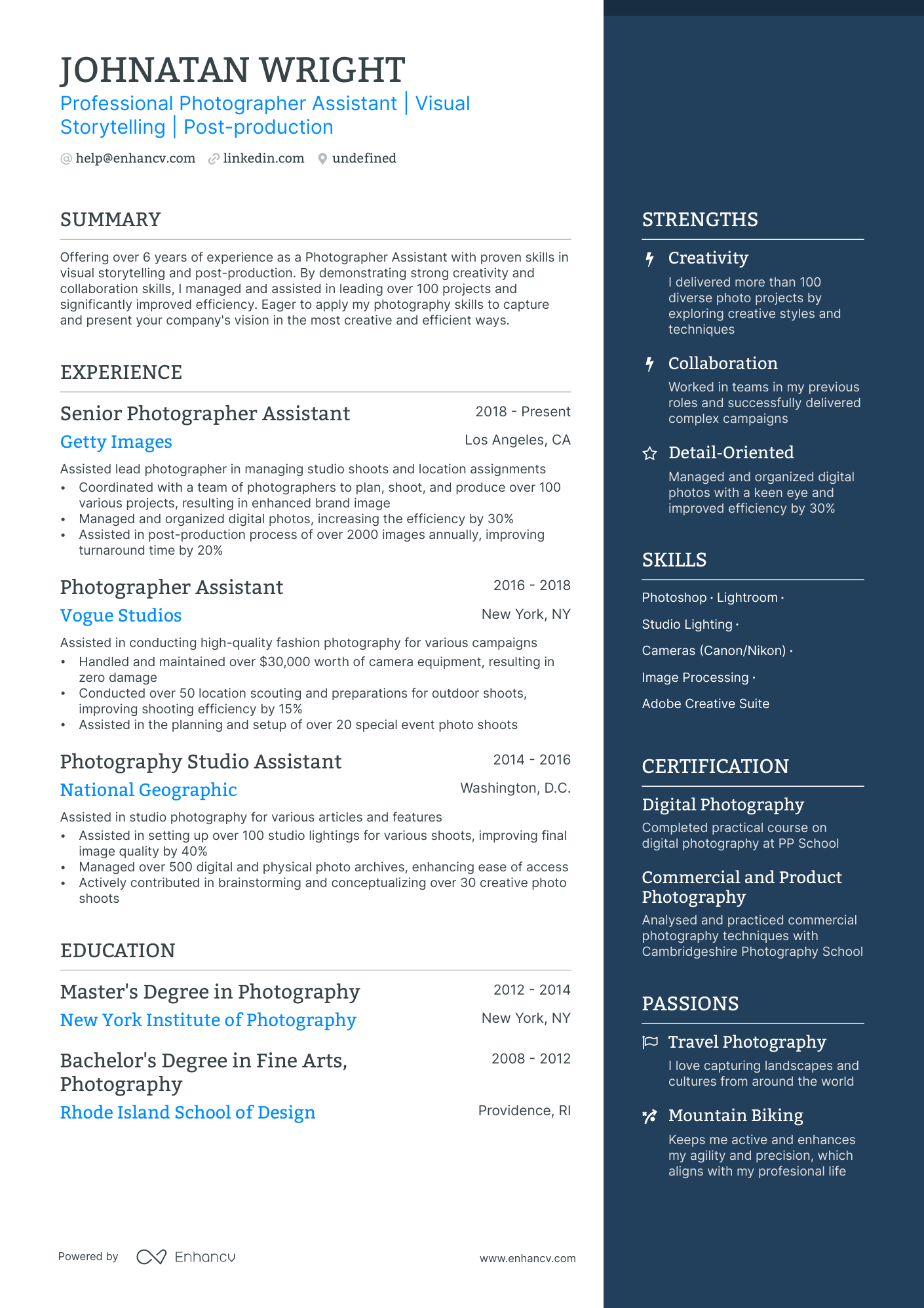 Photographer Assistant resume example