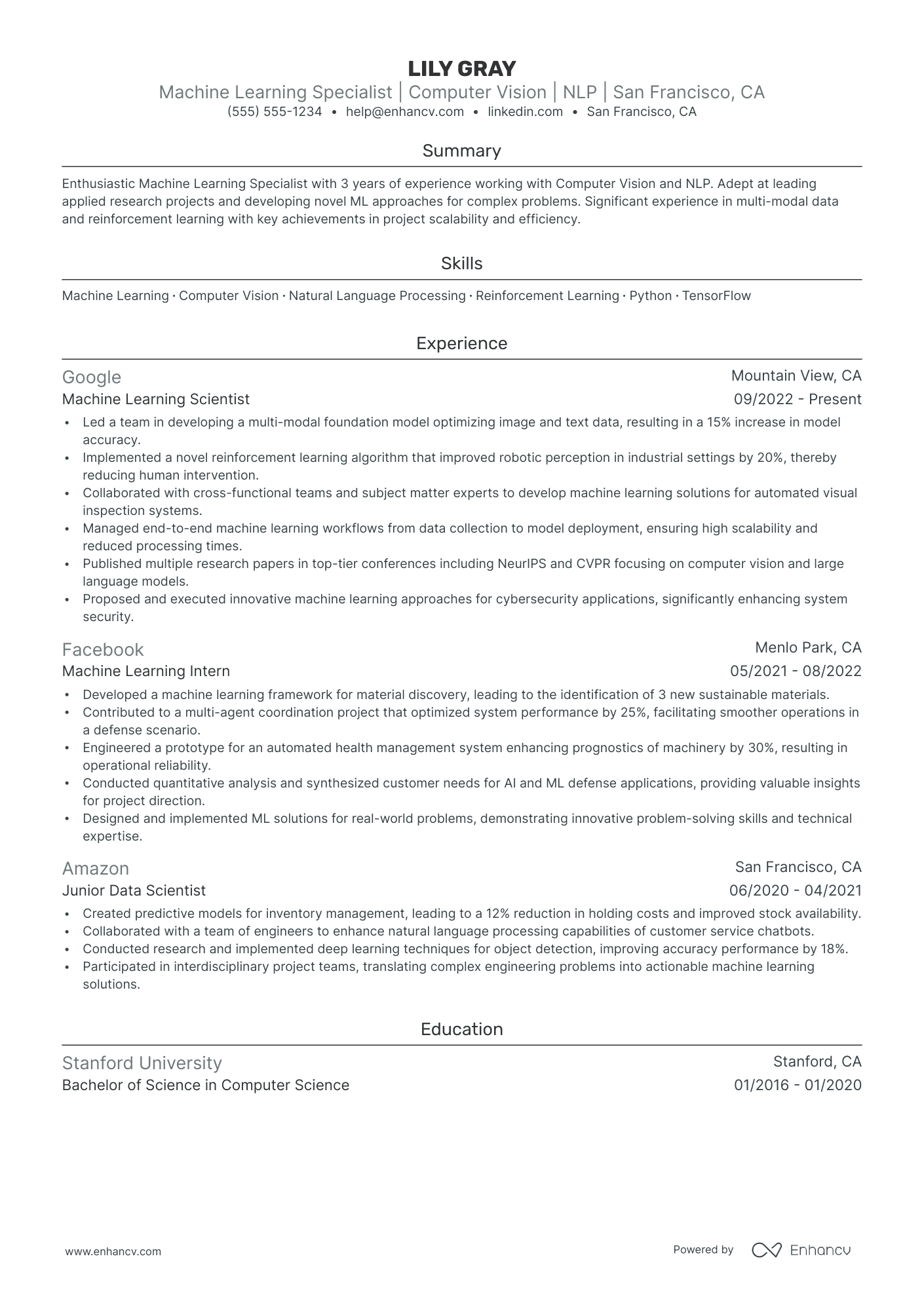 Machine Learning Researcher resume example