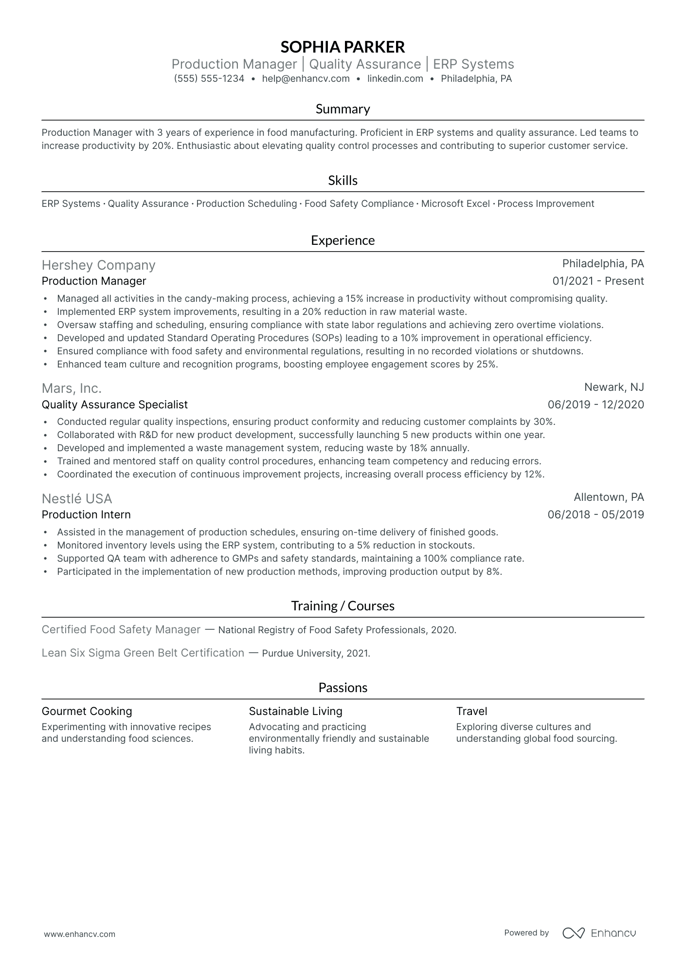 Production Operations Manager resume example