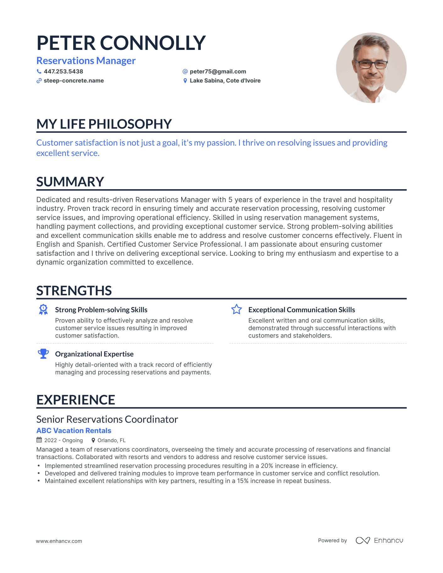 Creative Reservations Manager Resume Example