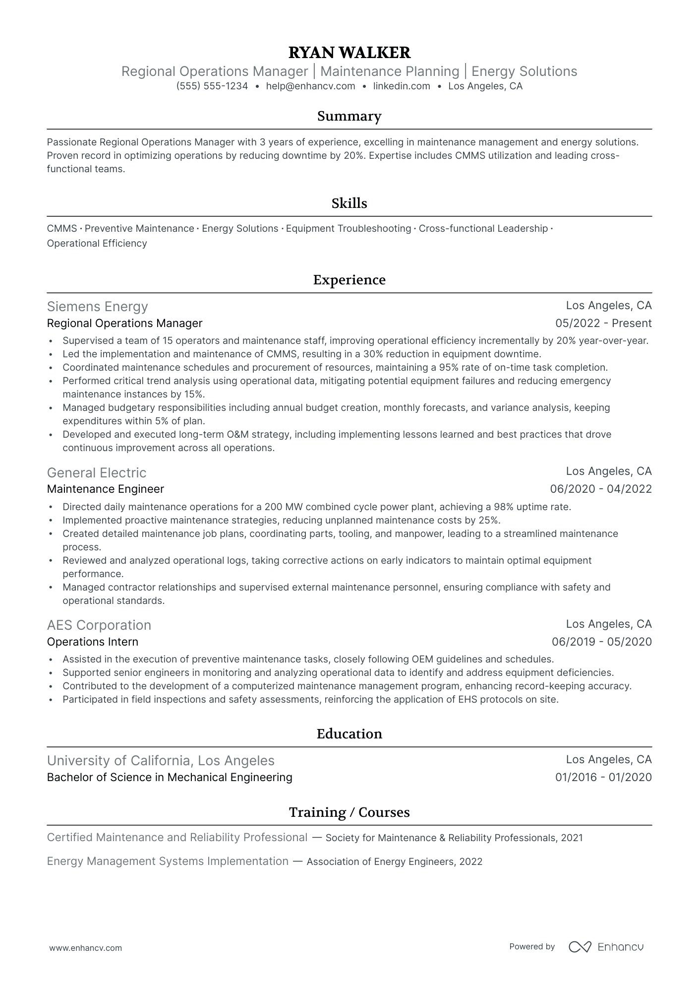 Operations and Maintenance Manager Resume Example Resume Example