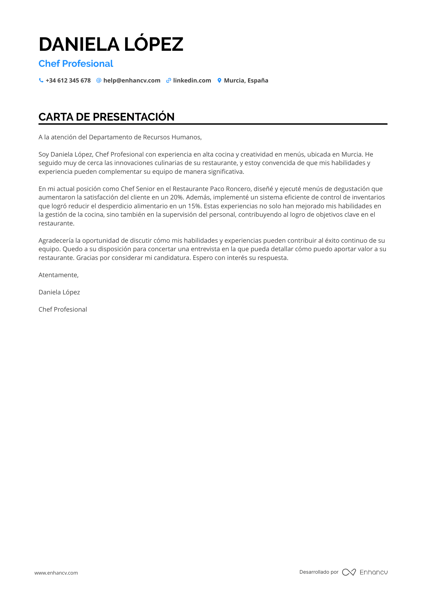 Cocinero Carta de presentación