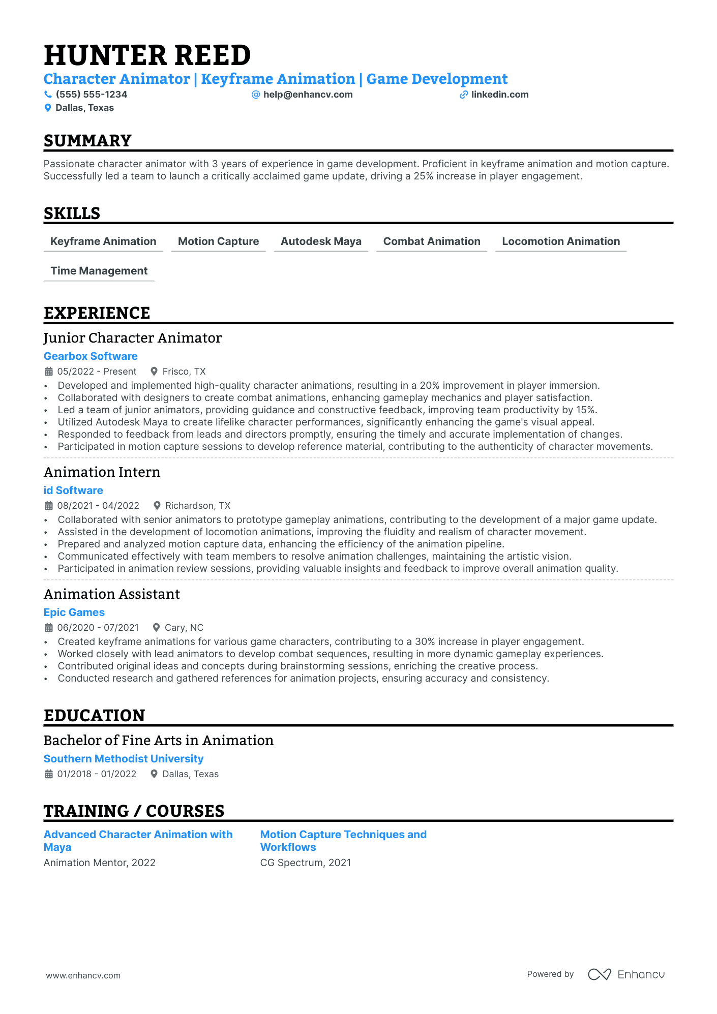 Freelance Animator resume example