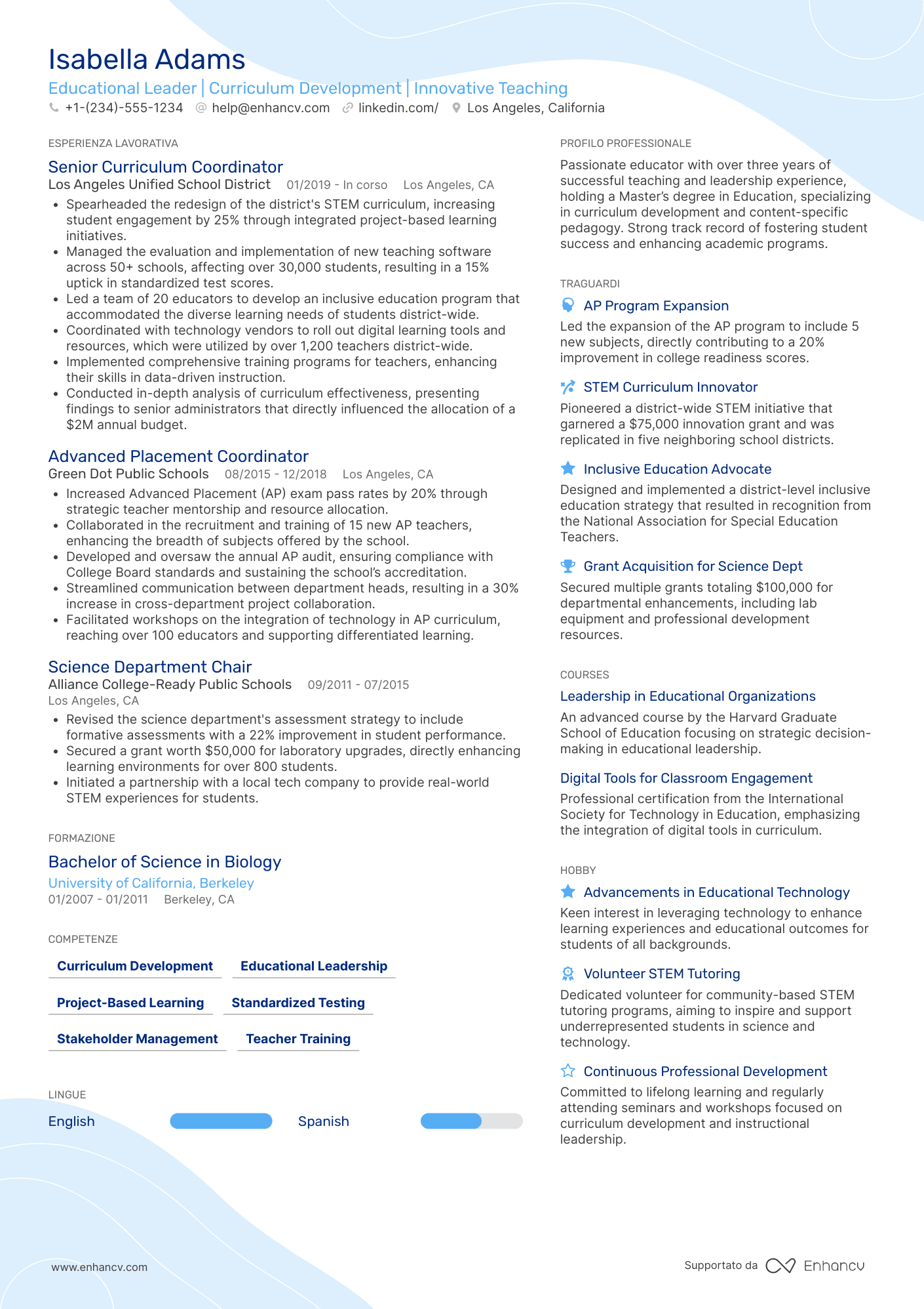 A compact resume template perfect for fitting a lot of information yet keeping your resume on a single page. Blue accent color.