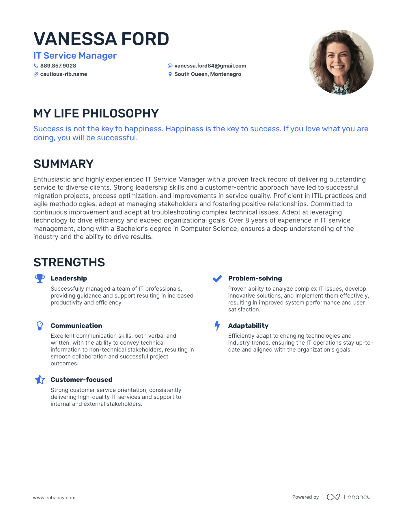 Creative IT Service Manager Resume Example