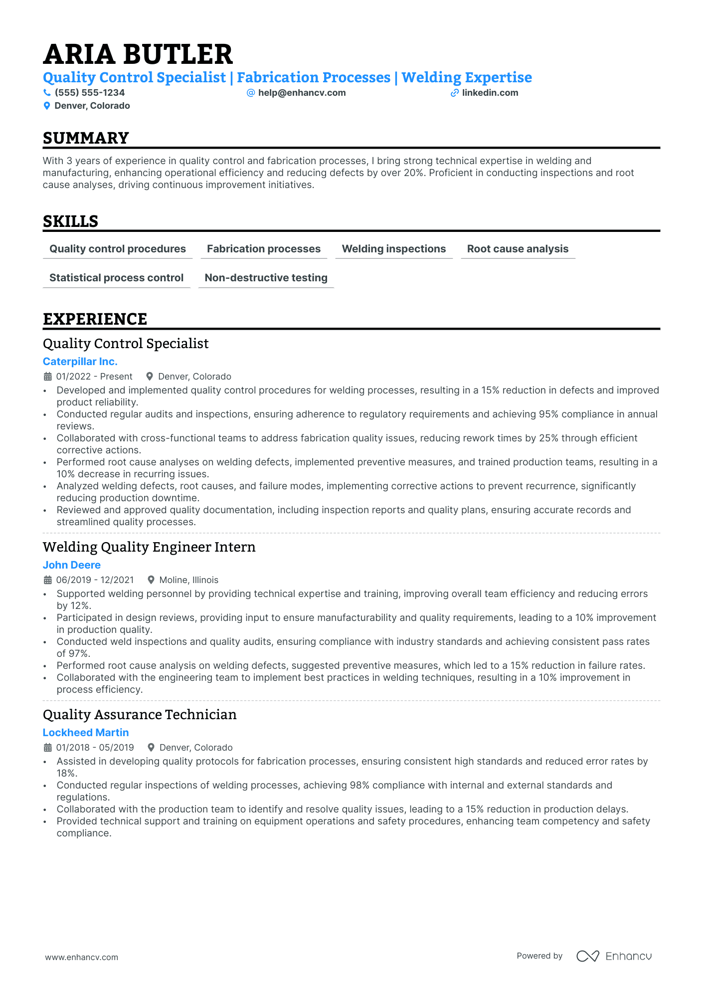 Quality Controller resume example