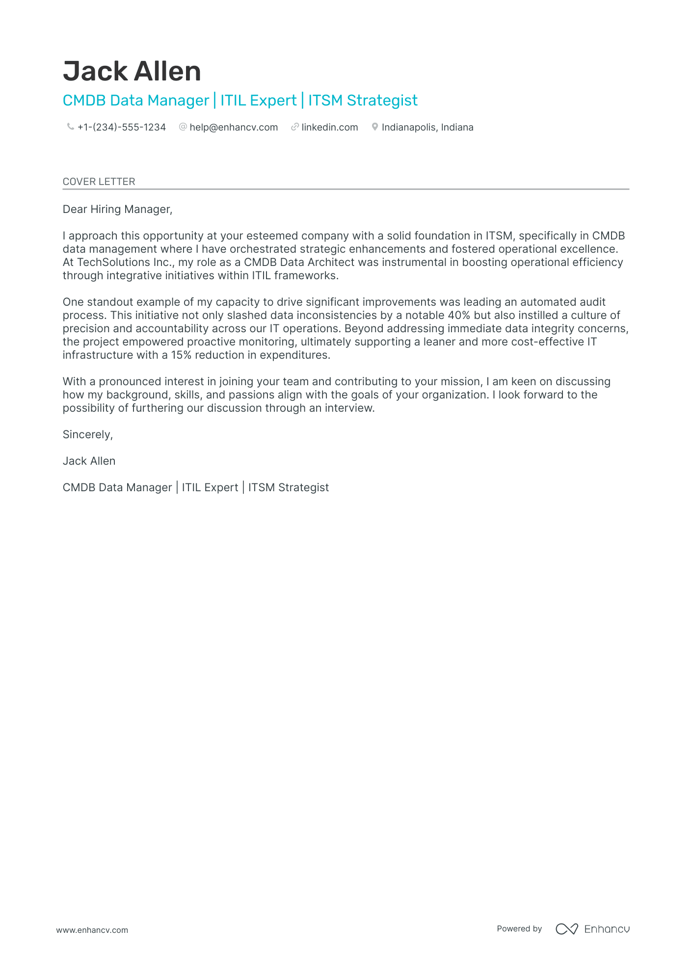 Servicenow Business Analyst cover letter