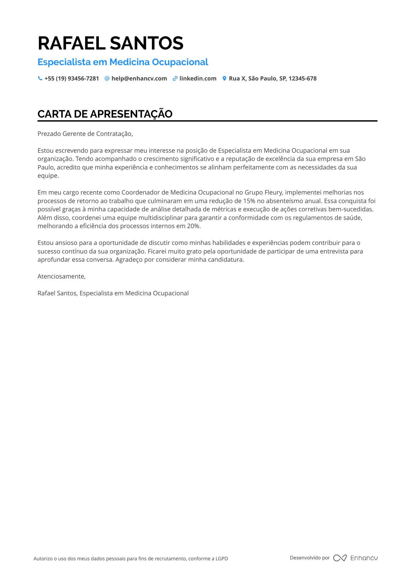 Enfermeira Carta de apresentação
