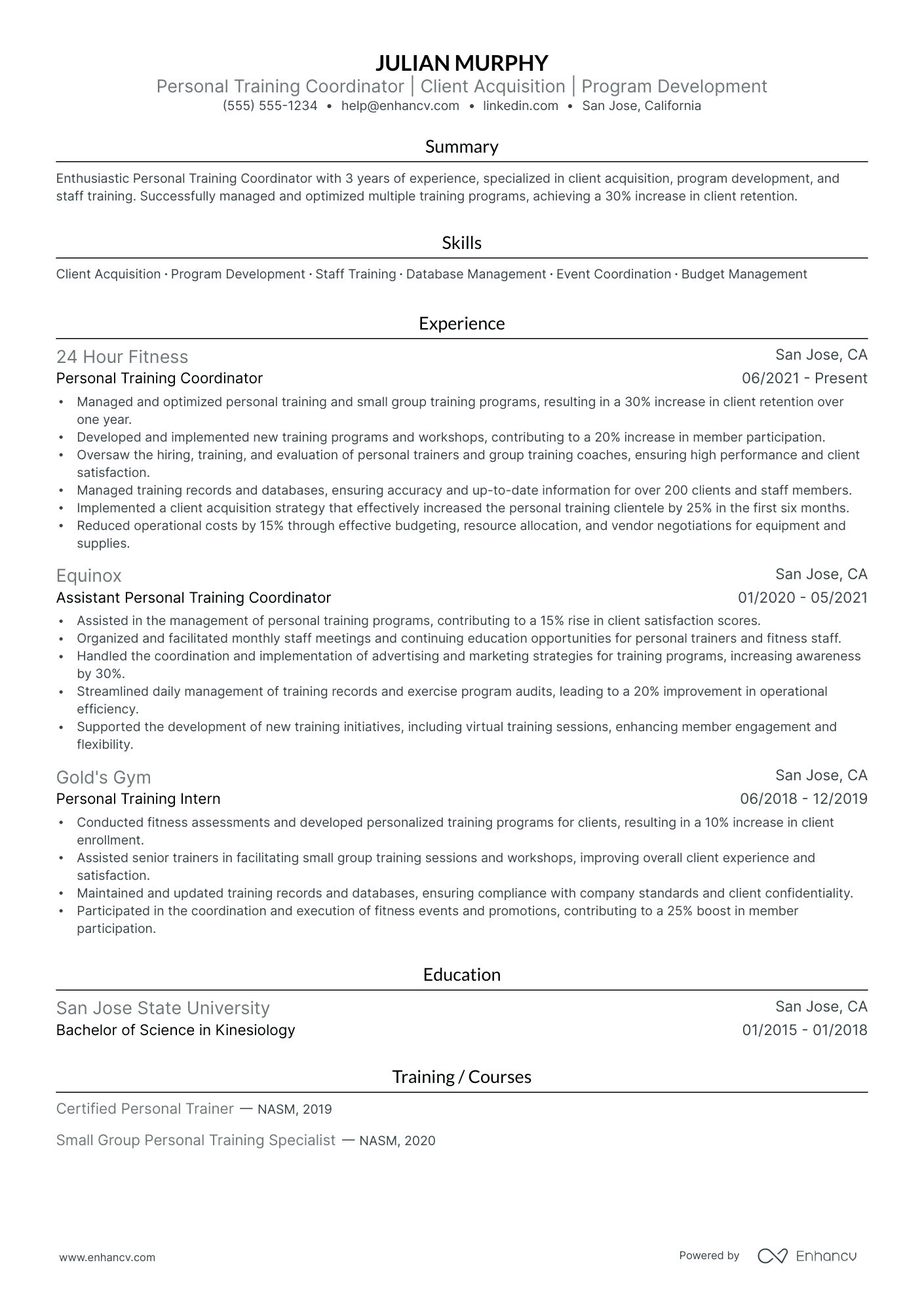 Personal Training Coordinator resume example