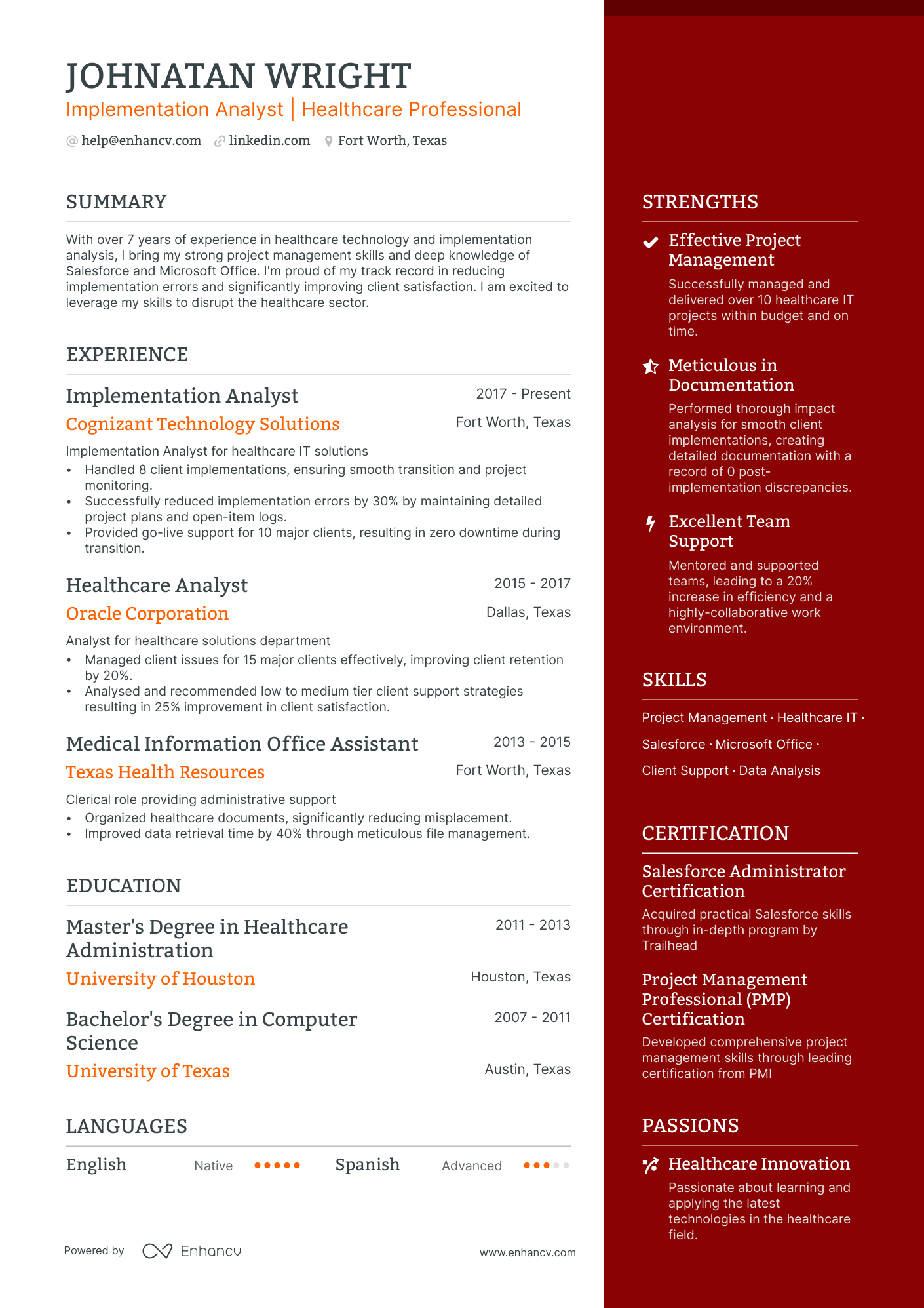 Implementation Analyst resume example