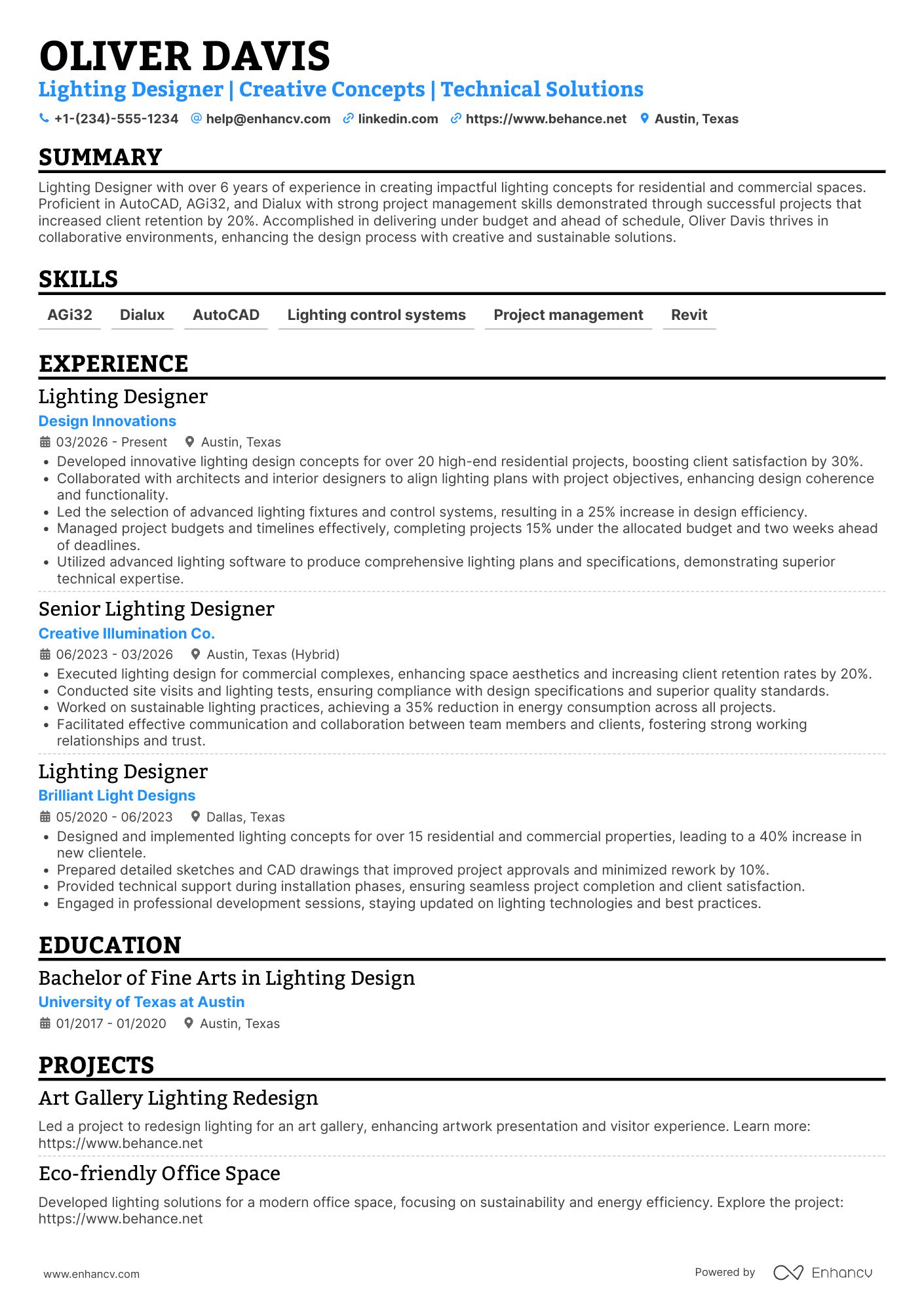 Lighting Designer resume example