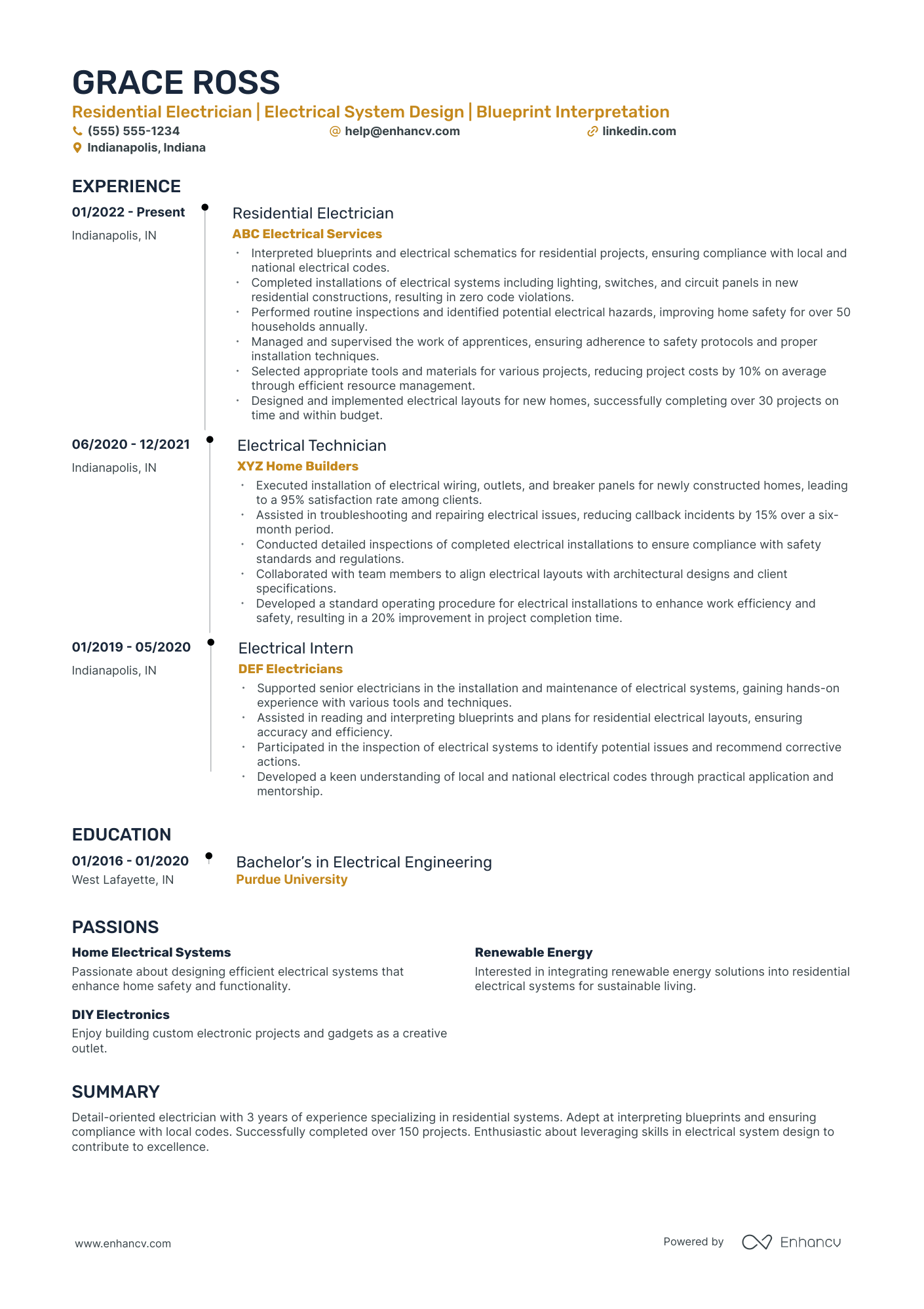 Residential Electrician resume example