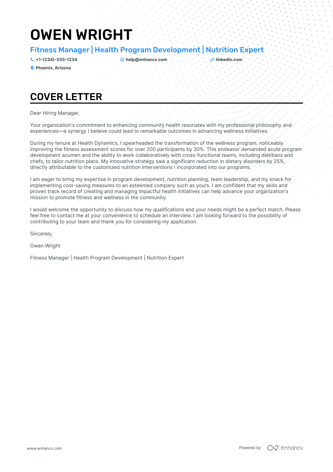Fitness Manager cover letter