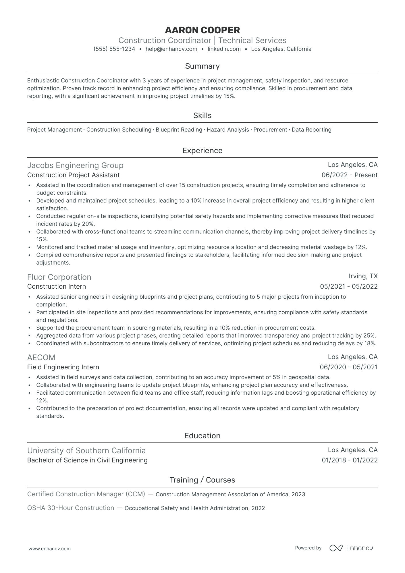 Construction Coordinator resume example