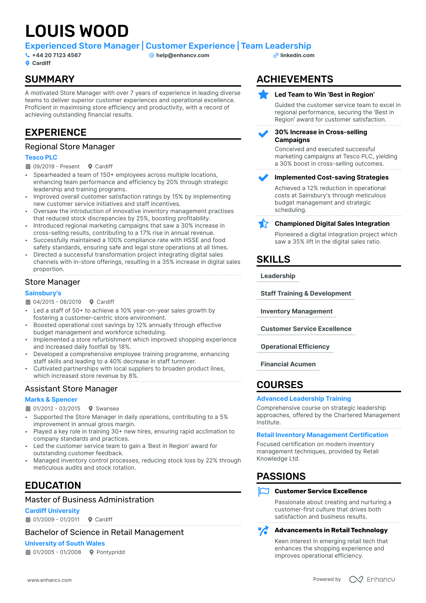 Store Manager cv example