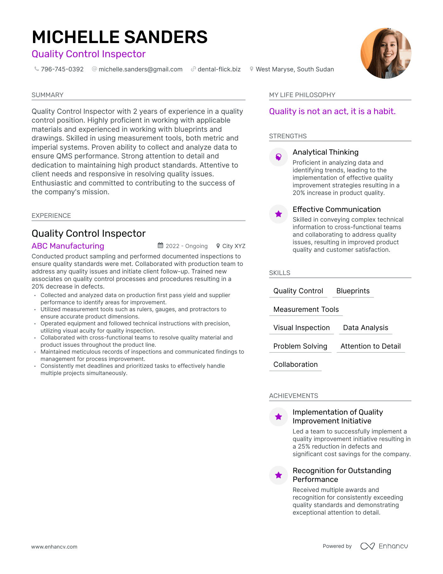 Quality Control Inspector resume example