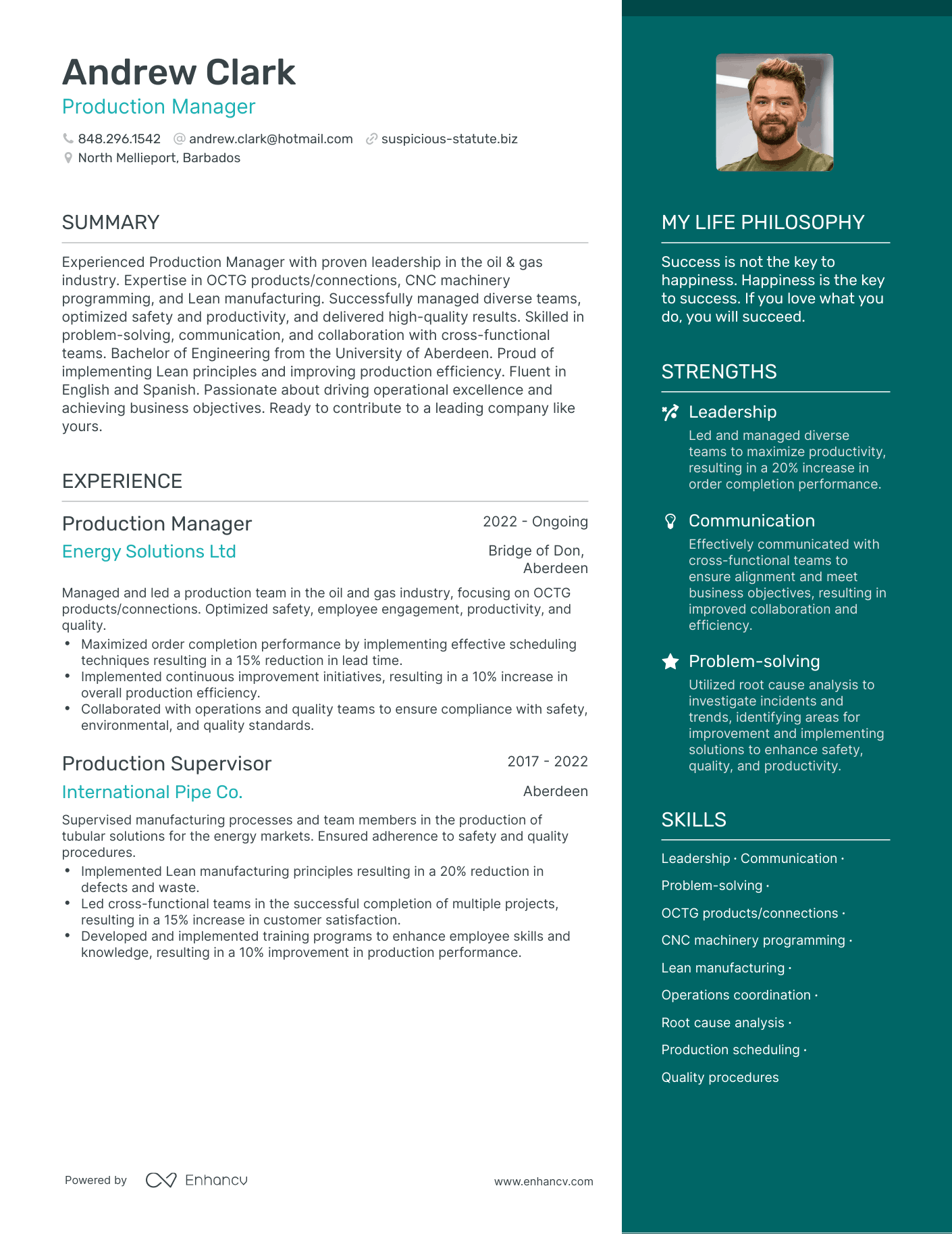Production Manager resume example