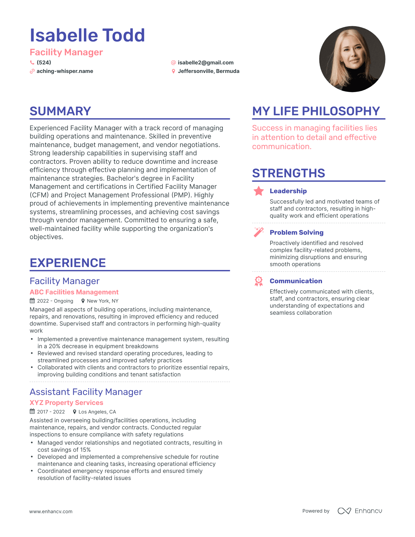 Modern Facility Manager Resume Example