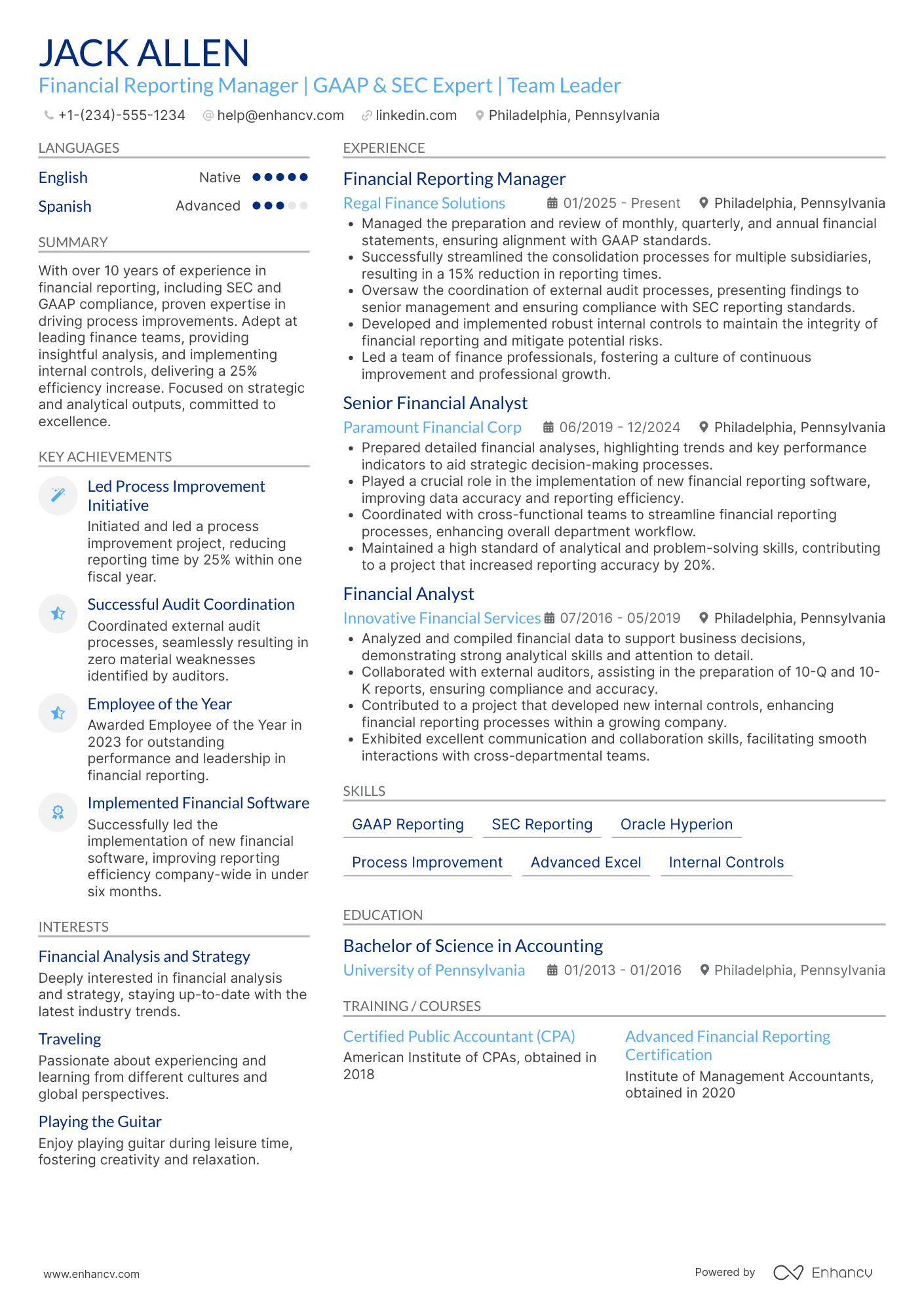 Financial Reporting Manager resume example