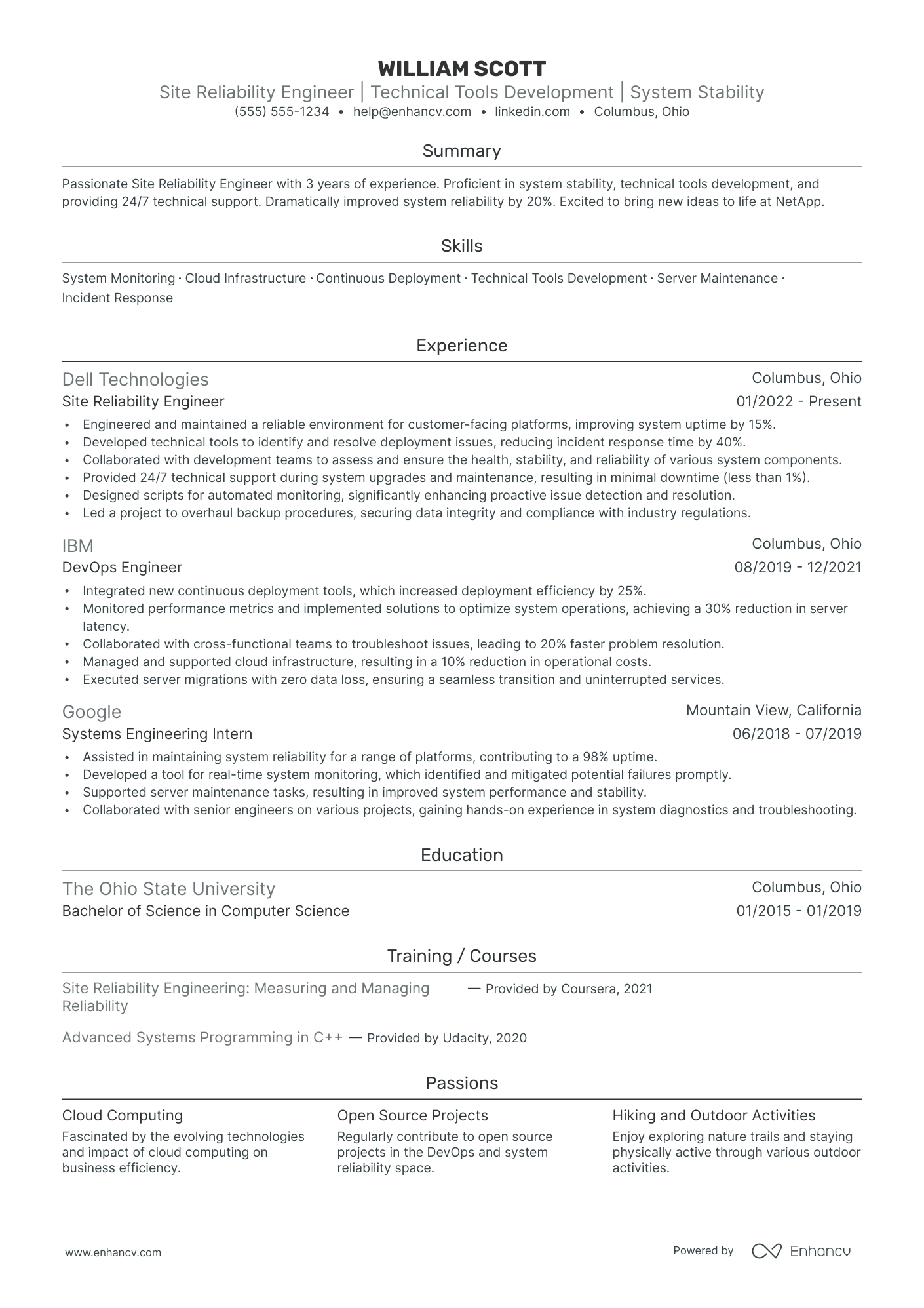 Site Reliability Engineer resume example