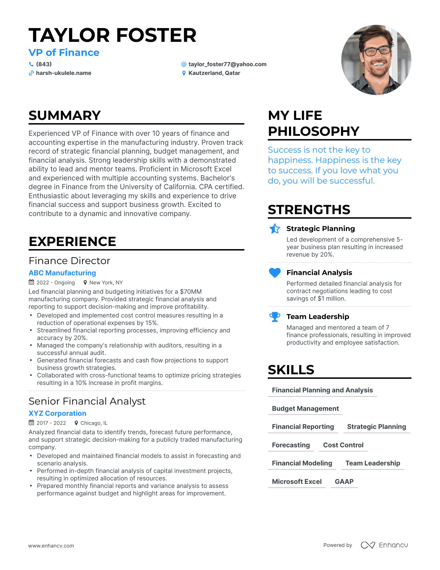 Modern VP of Finance Resume Example