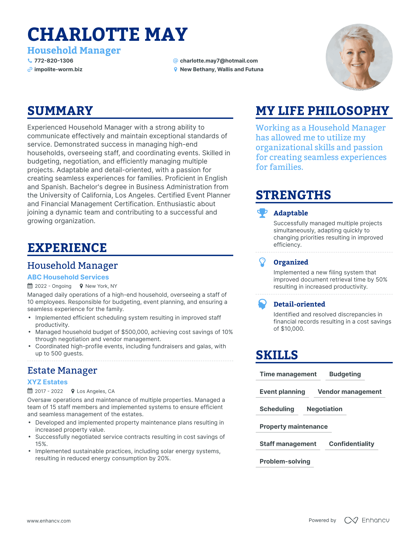 Household Manager resume example