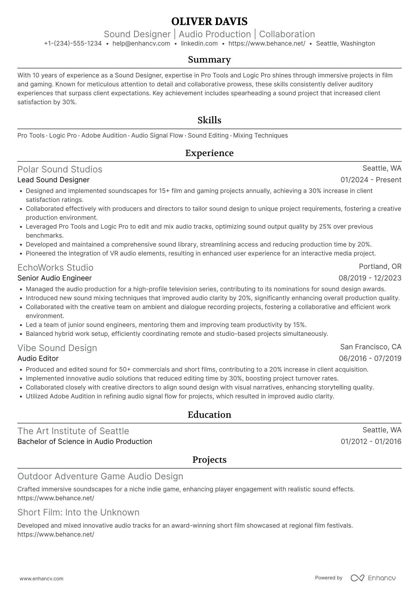 Sound Designer resume example