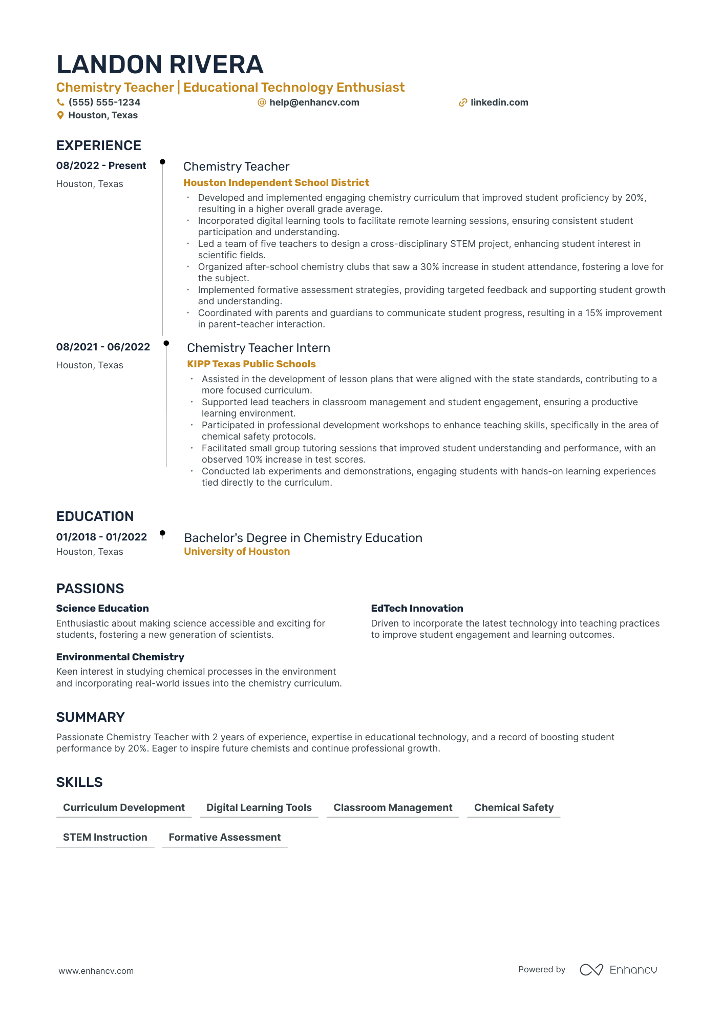 Chemistry Teacher resume example