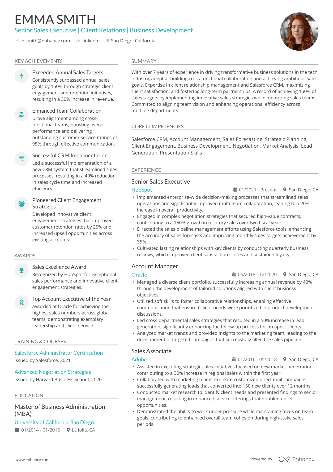 Stylish ATS resume template featuring a condensed, data driven layout and a real Senior Sales Executive resume example.