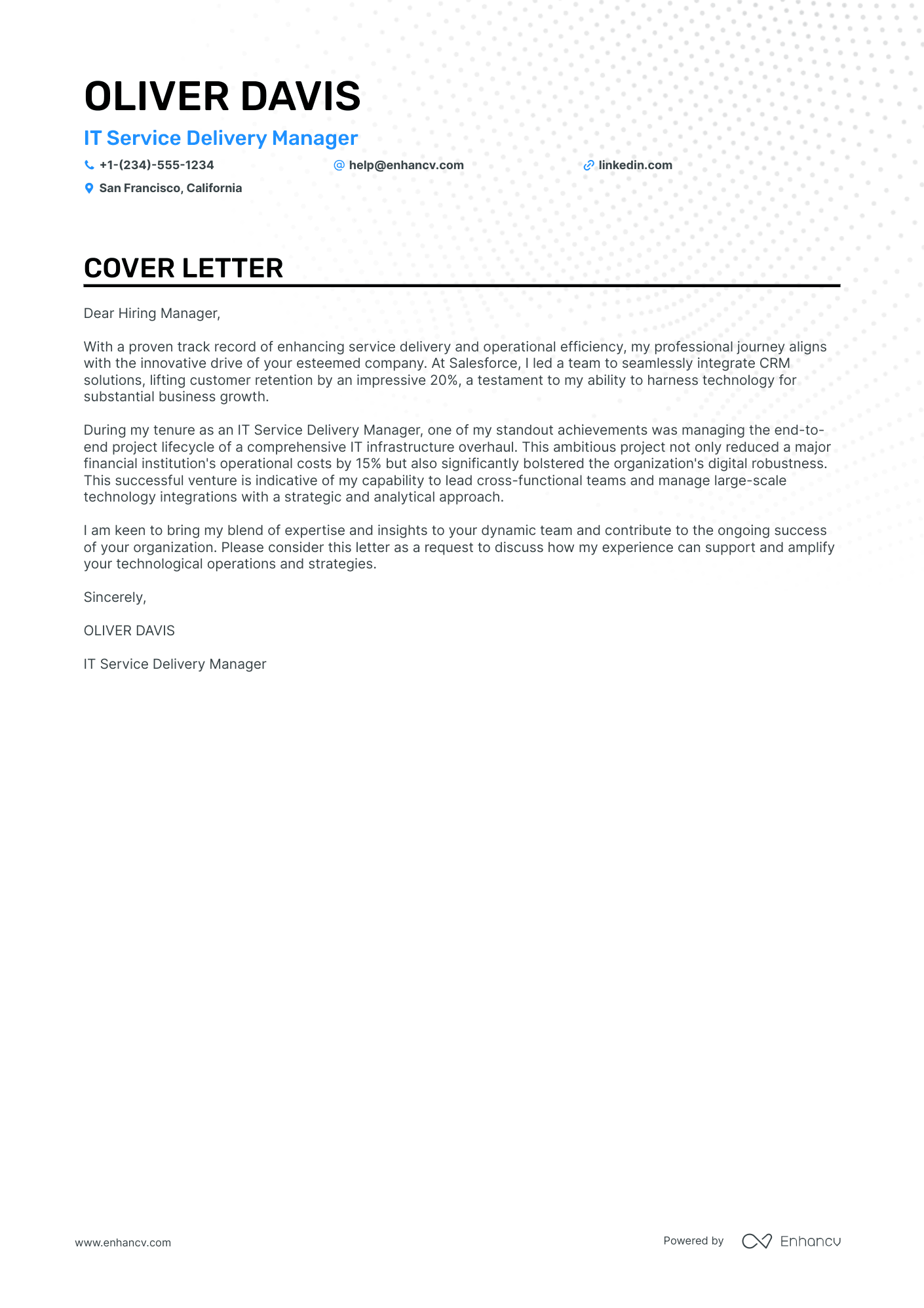 IT Service Delivery Manager cover letter