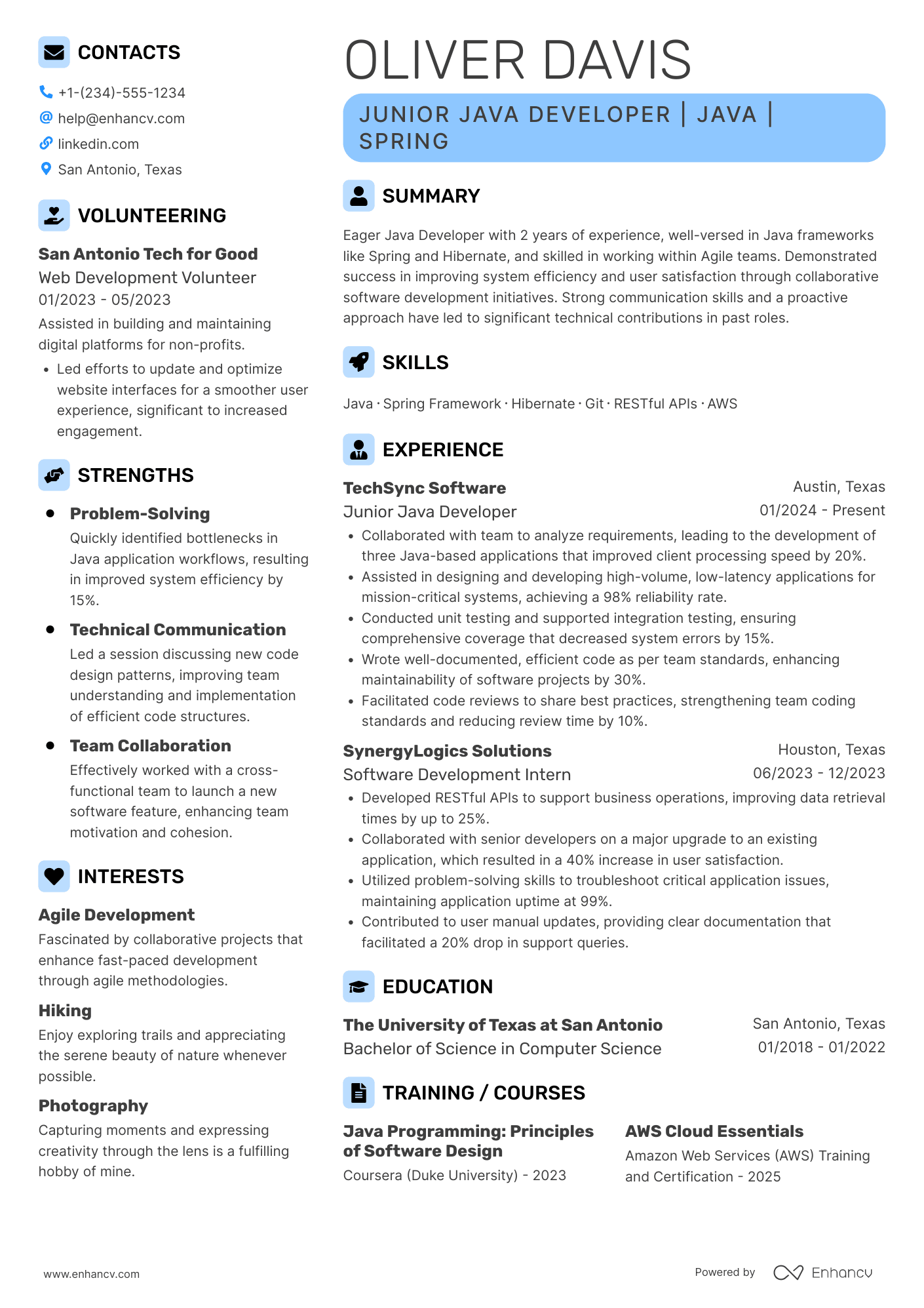 Junior Java Developer resume example