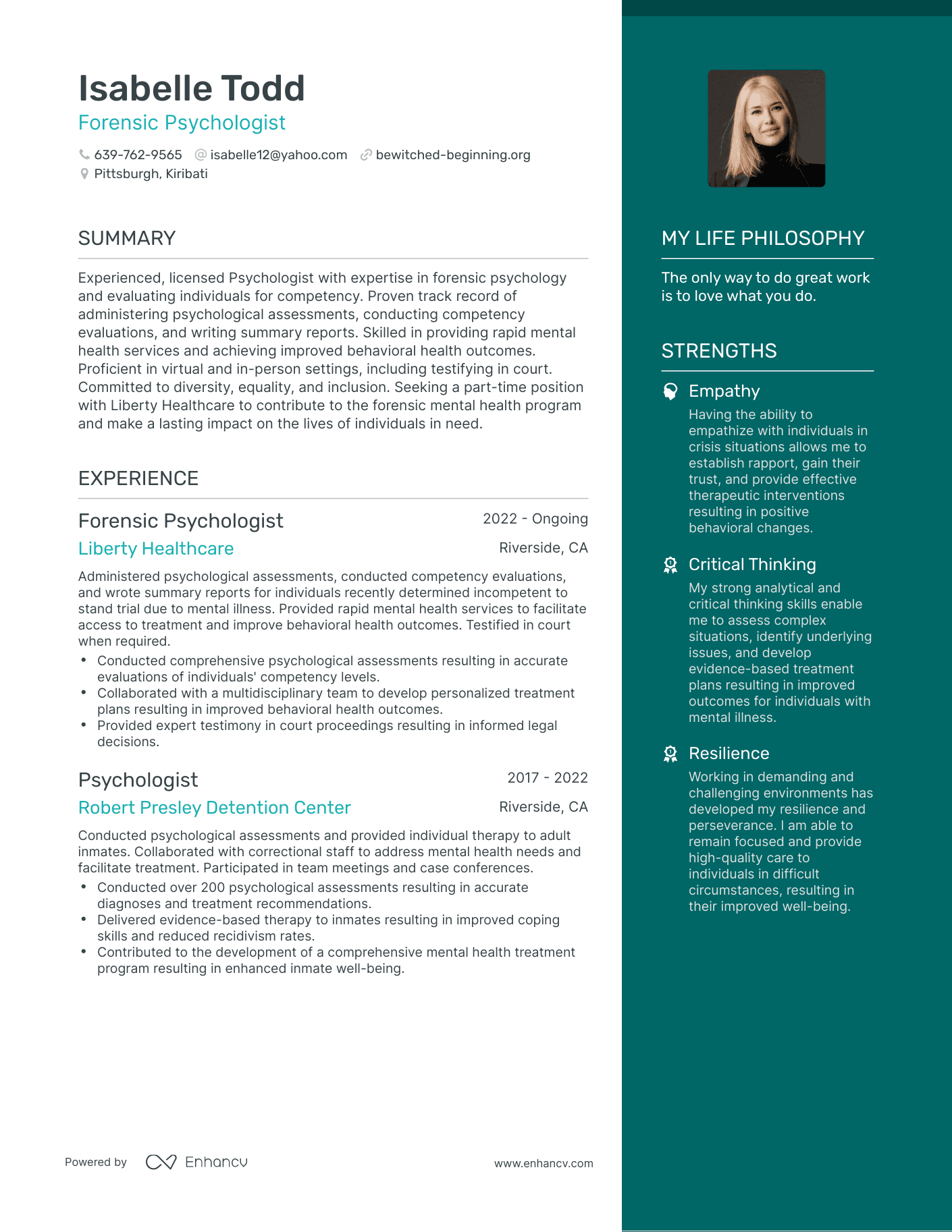Forensic Psychologist resume example