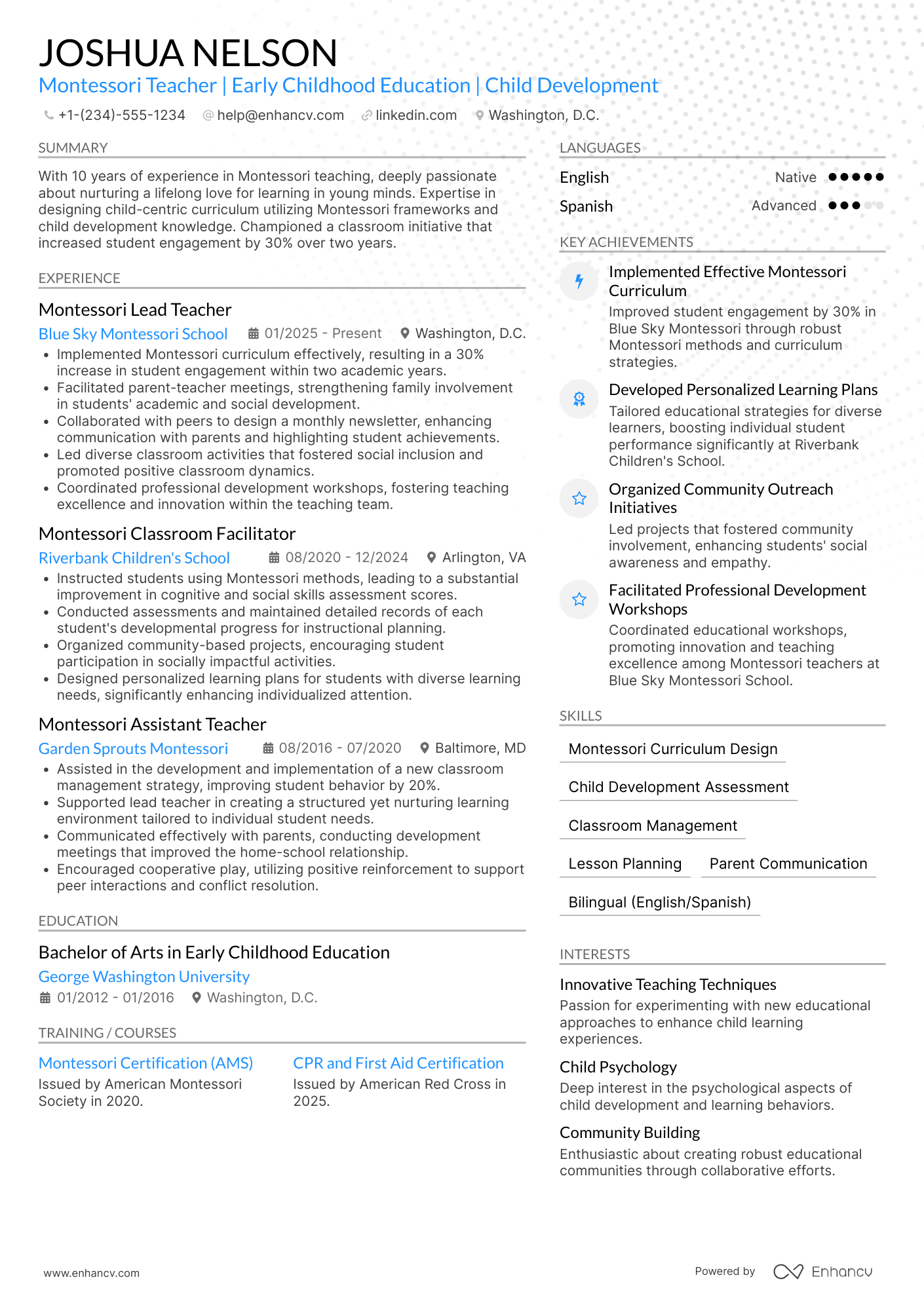 Montessori Teacher resume example